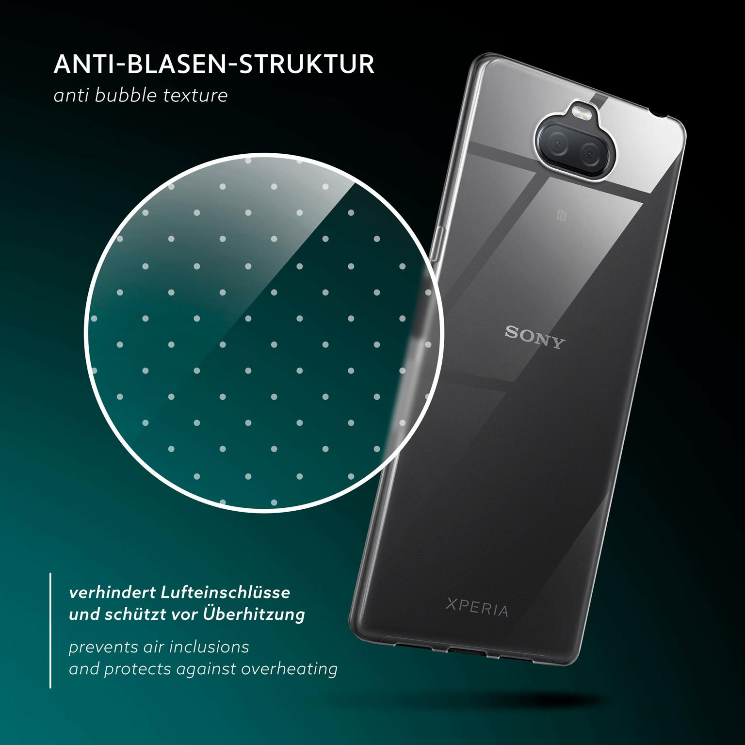 Klare Handyhülle auf einem Telefon mit blauem Farbverlauf. Nahaufnahme zeigt ein Punktmuster.
