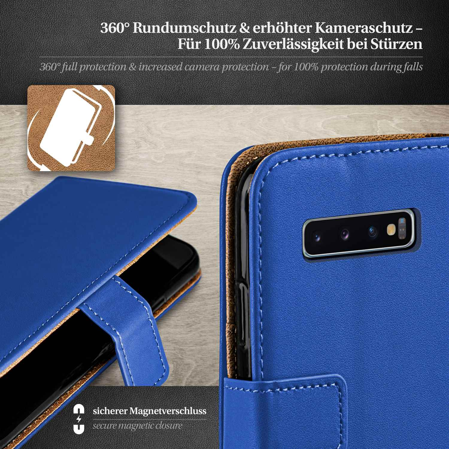 Blaue Handyhülle geöffnet, Telefon darin, mit Lasche. Nahaufnahme der Hülle.