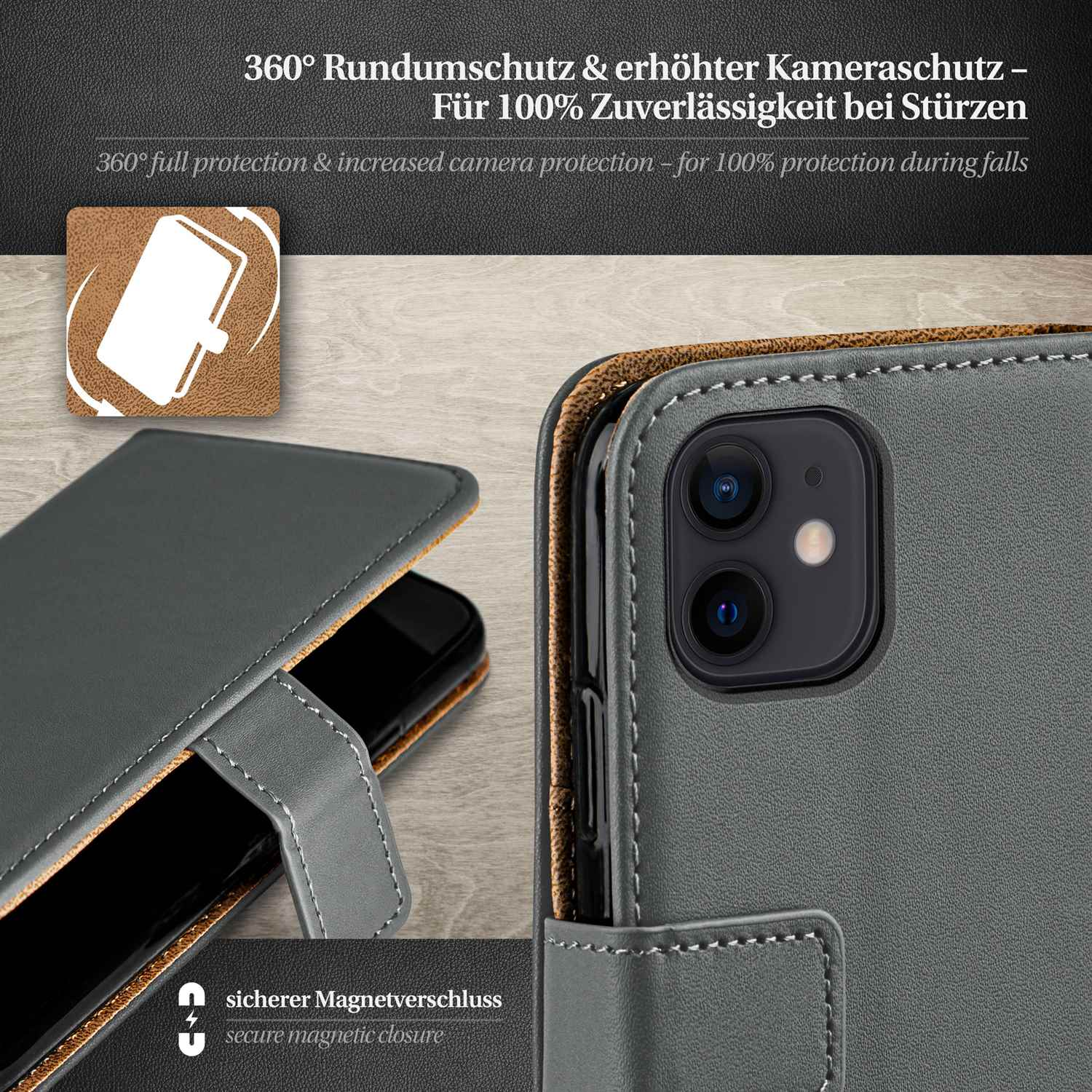 Graue Handyhülle mit Telefon und Kamera. Sicherer Magnetverschluss. Braune Kontur.