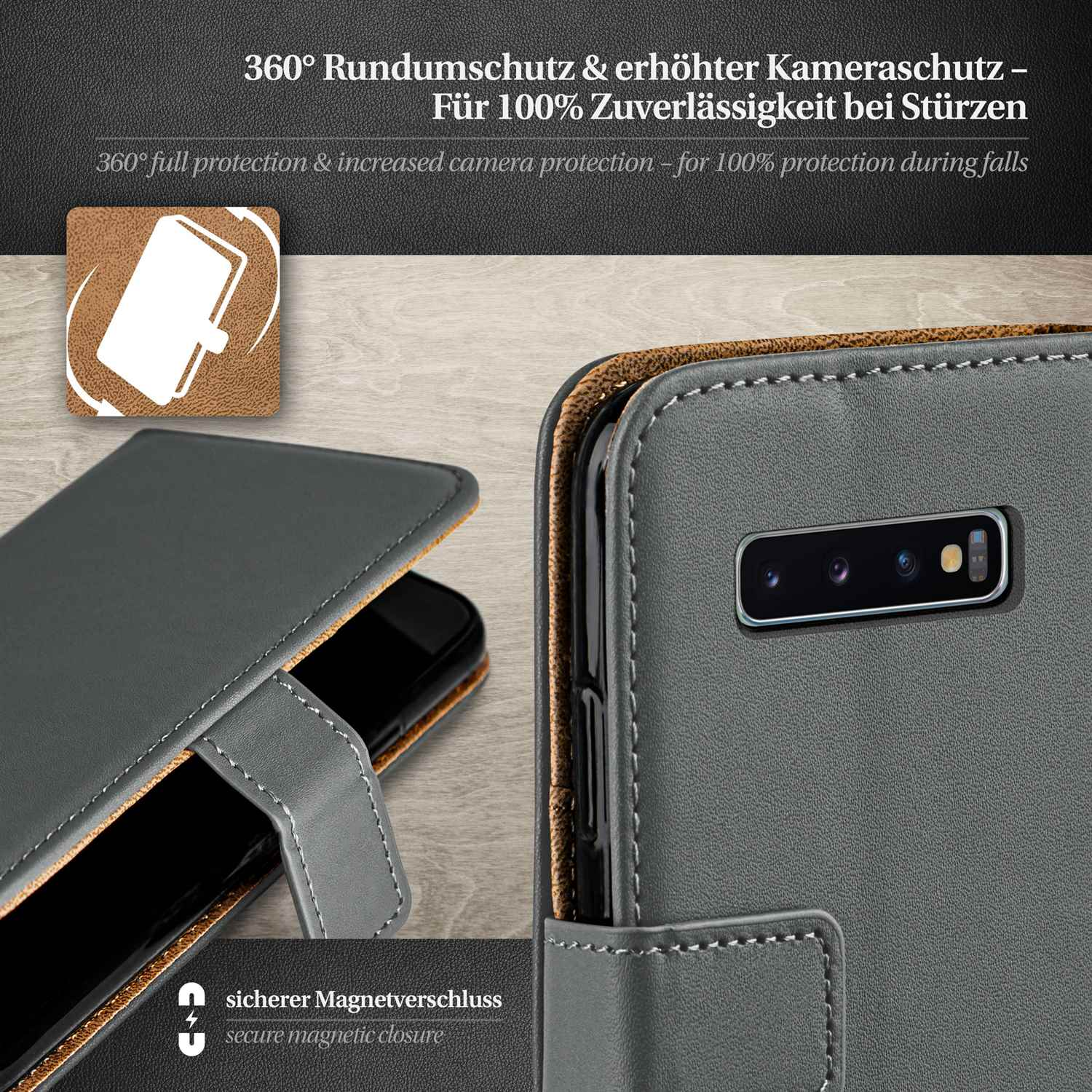Nahaufnahme einer grauen Handyhülle mit einem Telefon darin, mit einer Nahaufnahme des Kameraschutzes.
