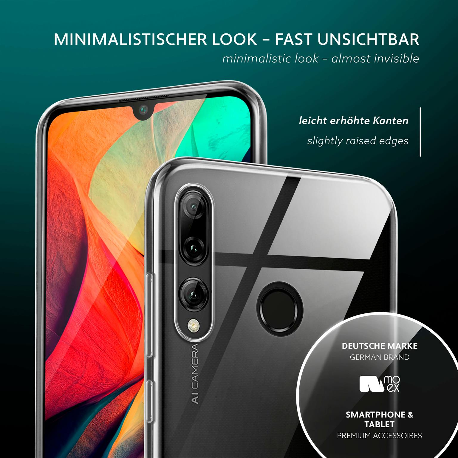 Zwei transparente Handyhüllen auf dunkelblauem Hintergrund. Eine bedeckt ein Telefon, die andere ist leer.