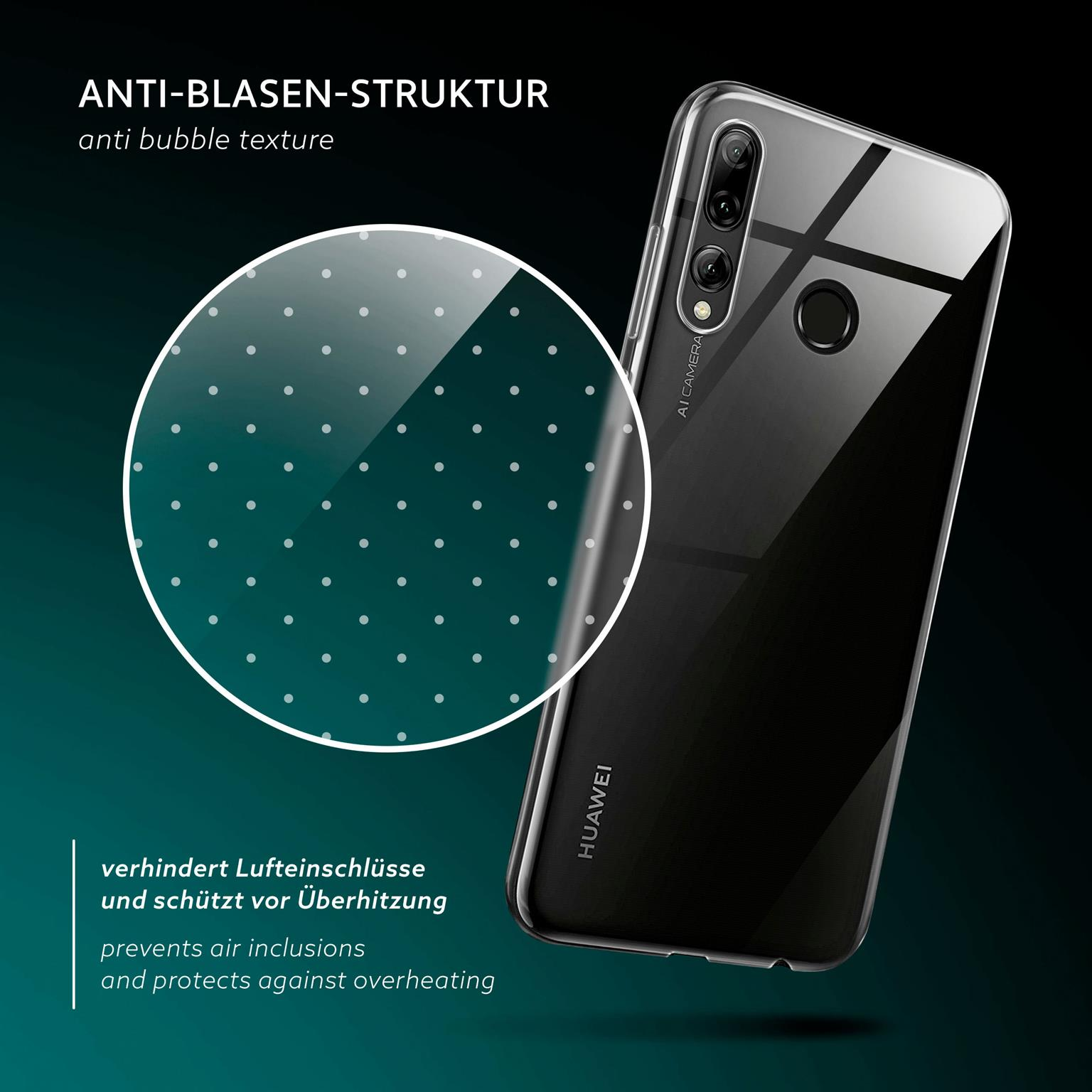 Telefon mit klarer Hülle. Anti-Blasen-Textur-Detail. Text: verhindert Lufteinschlüsse und schützt vor Überhitzung.