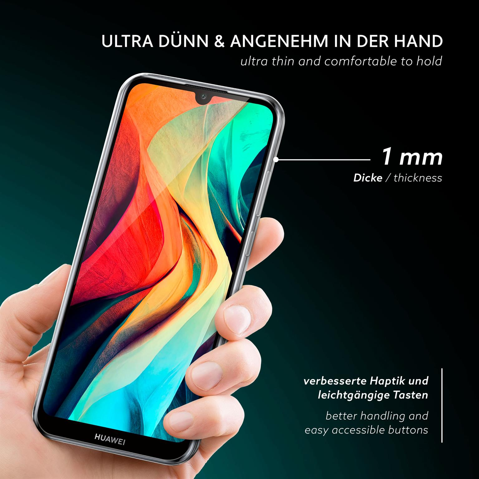 Hand hält Telefon mit klarer Hülle. Der Bildschirm zeigt bunte, abstrakte Kunst.