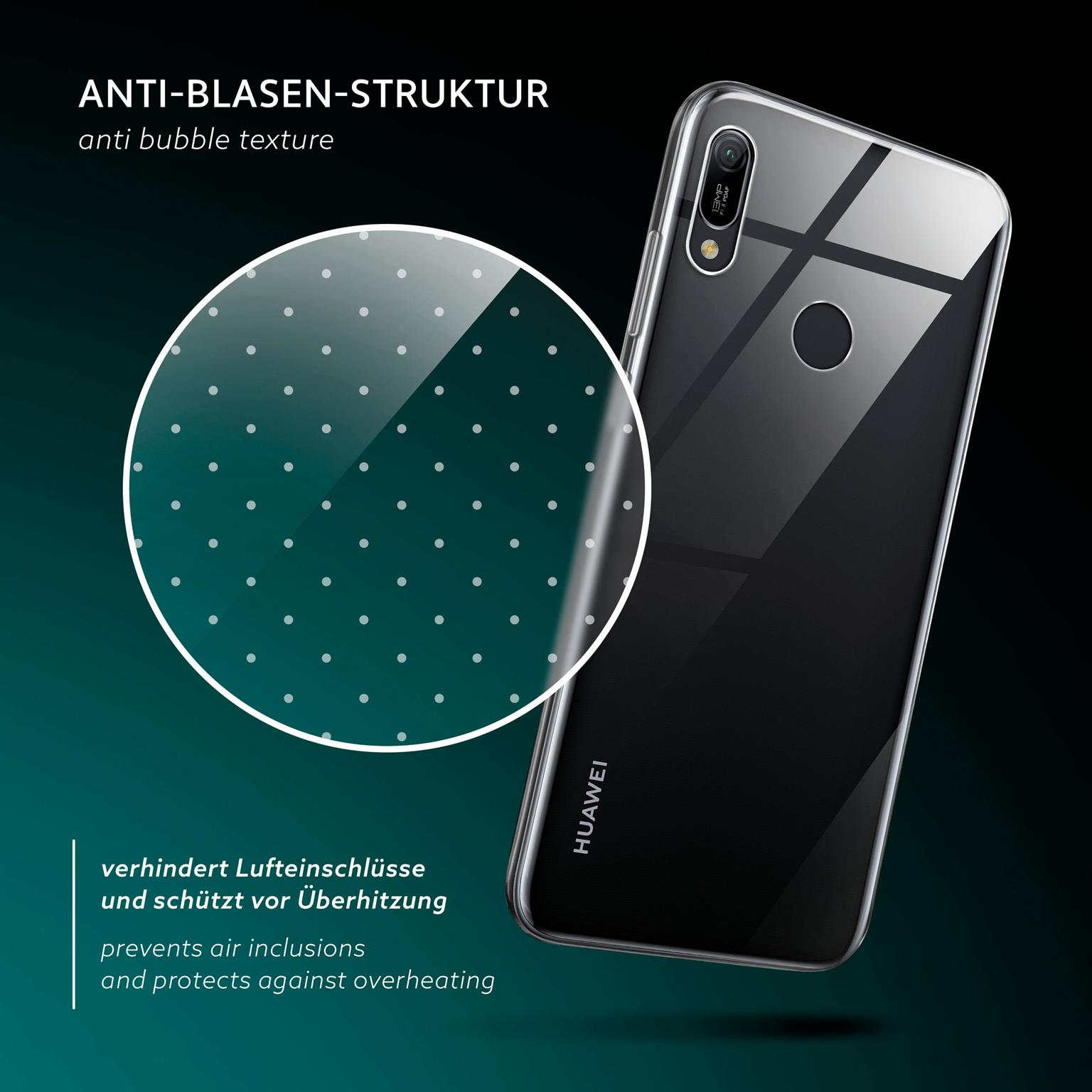 Telefon mit transparenter Hülle mit Anti-Blasen-Textur. Es verhindert Lufteinschlüsse und schützt vor Hitze.
