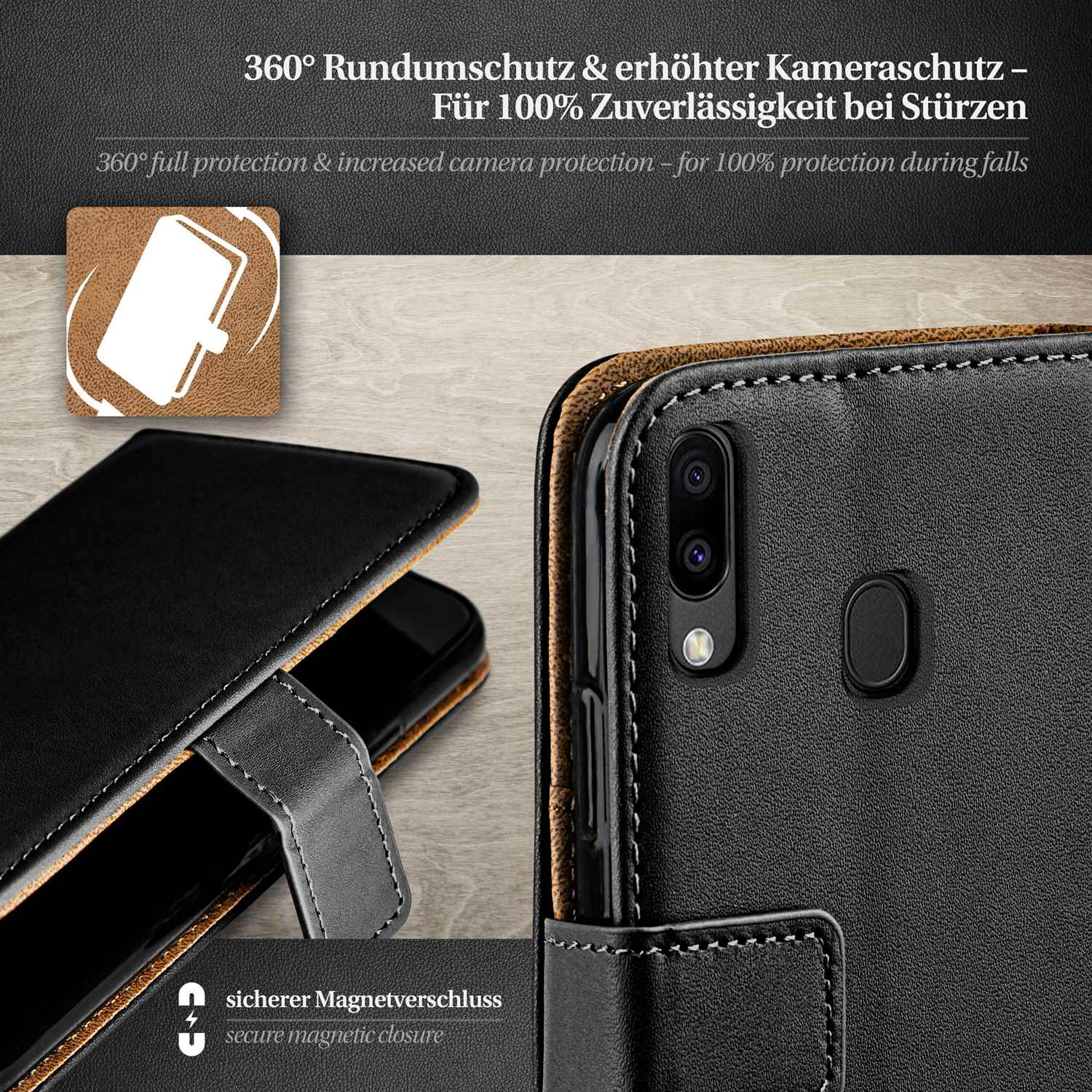 Schwarze Handyhülle mit schwarzem Telefon. Details: Kamera, Magnetverschluss, 360° Schutz. Text: Kameraschutz.