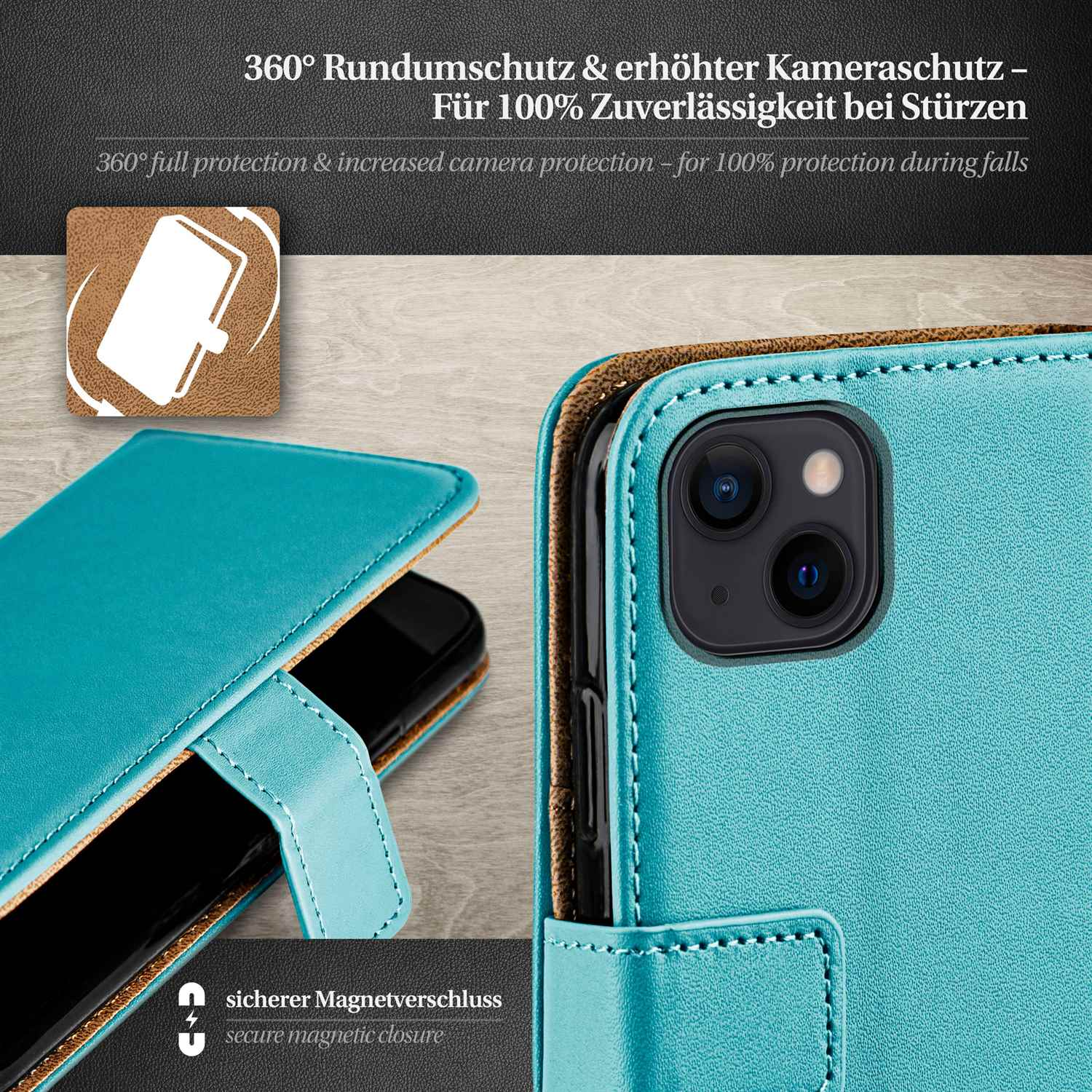 Türkise Handyhülle mit Telefon darin. Die Hülle hat einen sicheren Magnetverschluss und Kameraschutz.