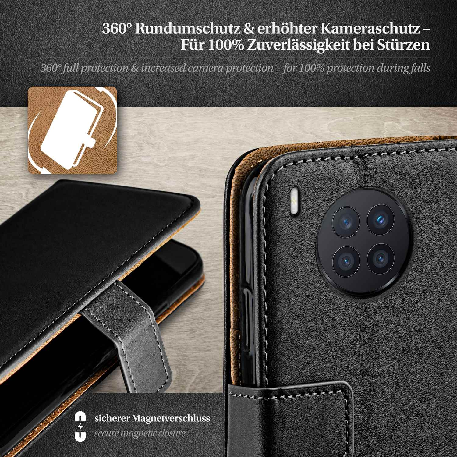 Schwarze Handyhülle geschlossen, mit Magnetverschluss. Text: 360° Schutz.