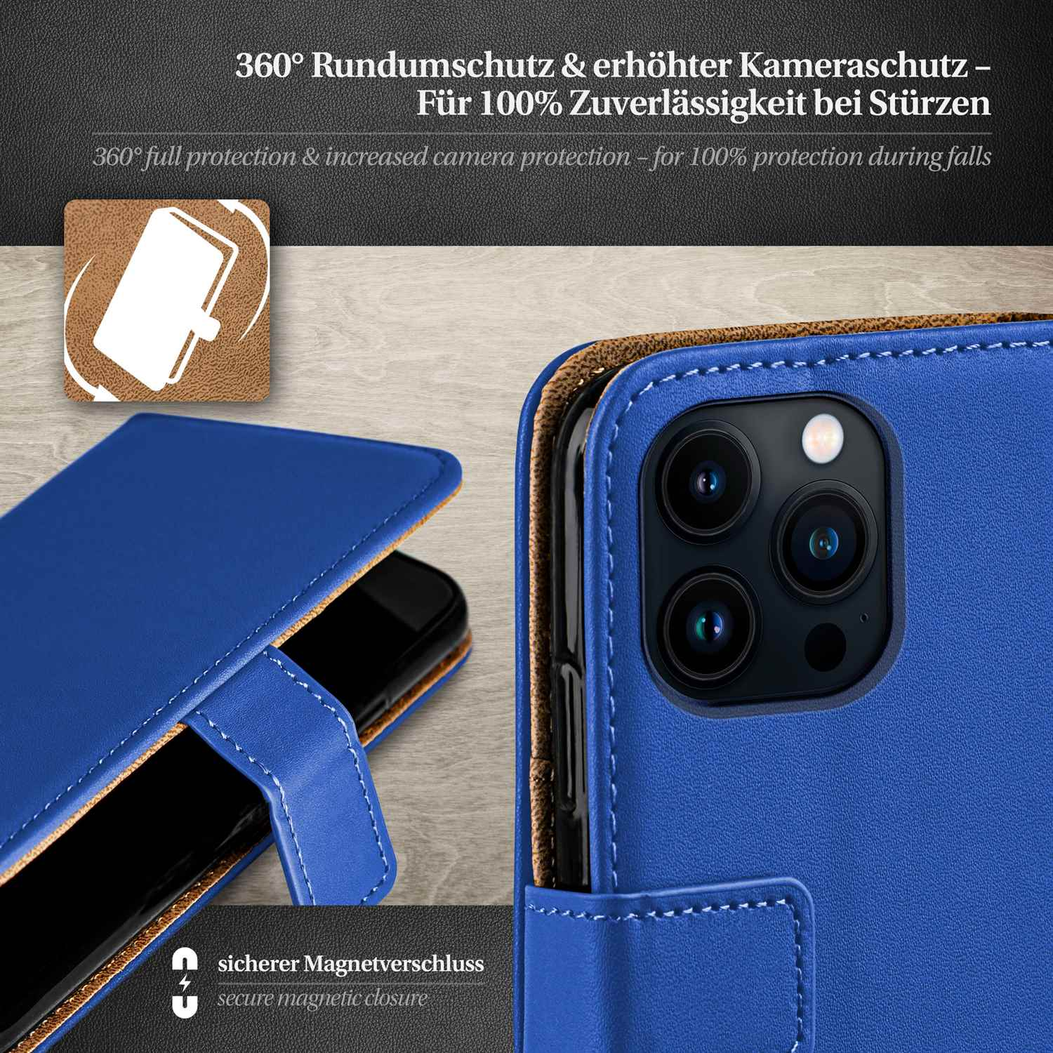 Blaue Handyhülle mit Telefon darin, zeigt Kameraschutz und Magnetverschluss.