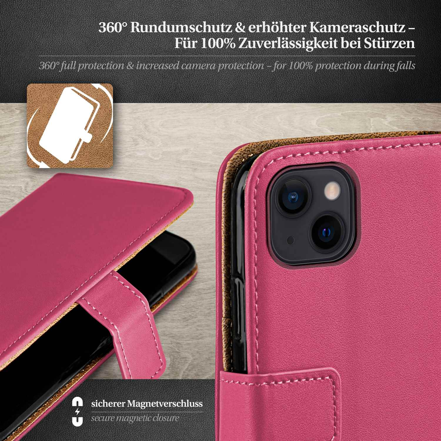 Pinkes Telefonetui mit Telefon darin. Detail zeigt Nähte und Magnetverschluss.