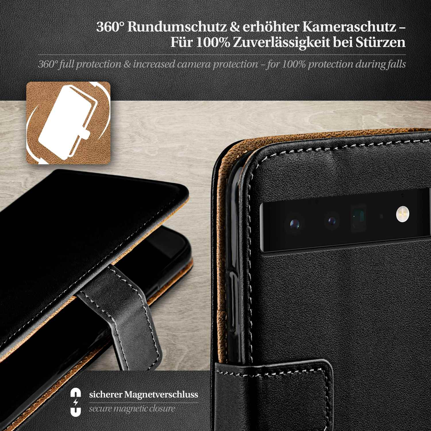Telefon in Hülle. Text: 360° Rundumschutz & erhöhter Kameraschutz - für 100% Zuverlässigkeit bei Stürzen.