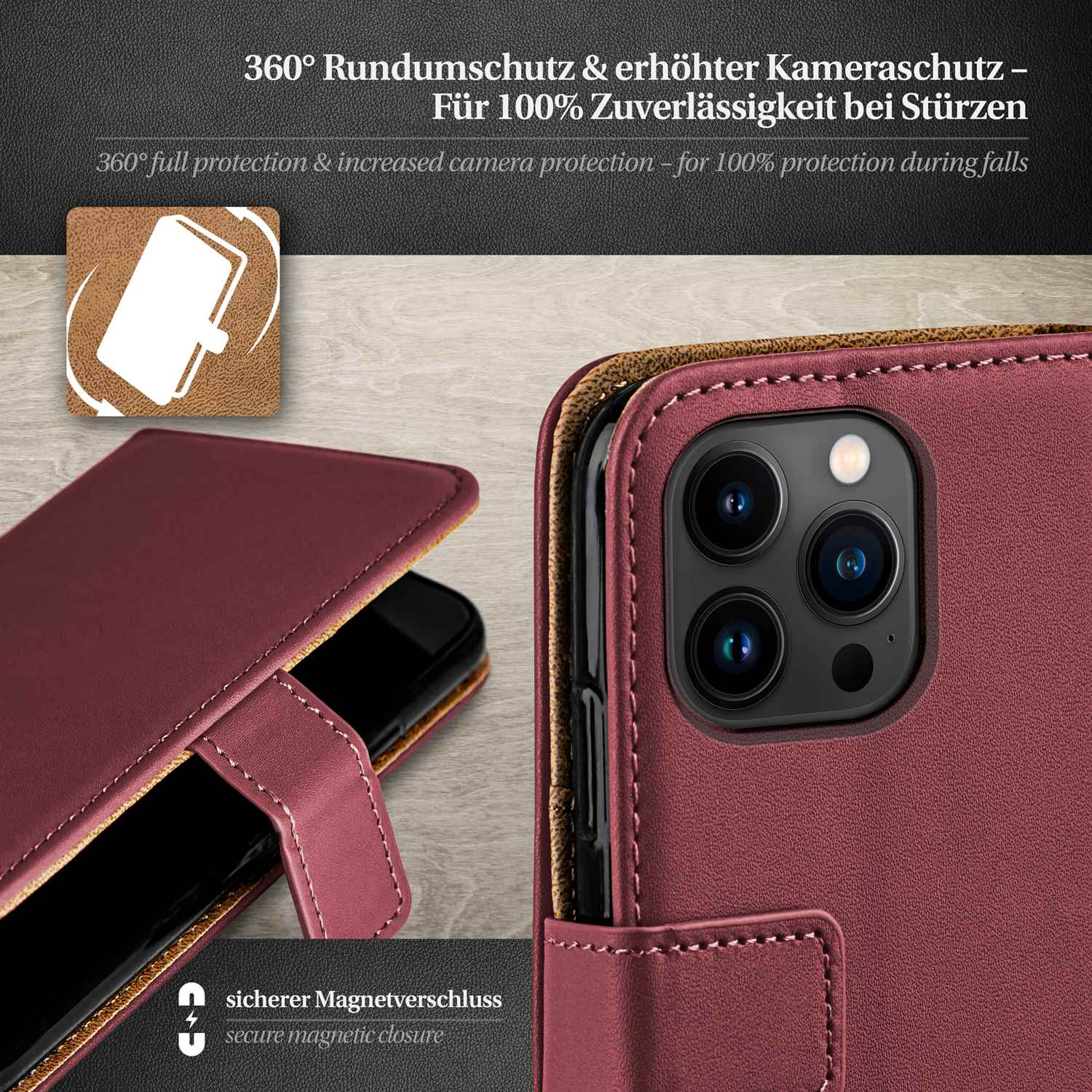 Rote Handyhülle mit Telefon darin. Die Hülle ist geschlossen, mit Magnetverschluss.