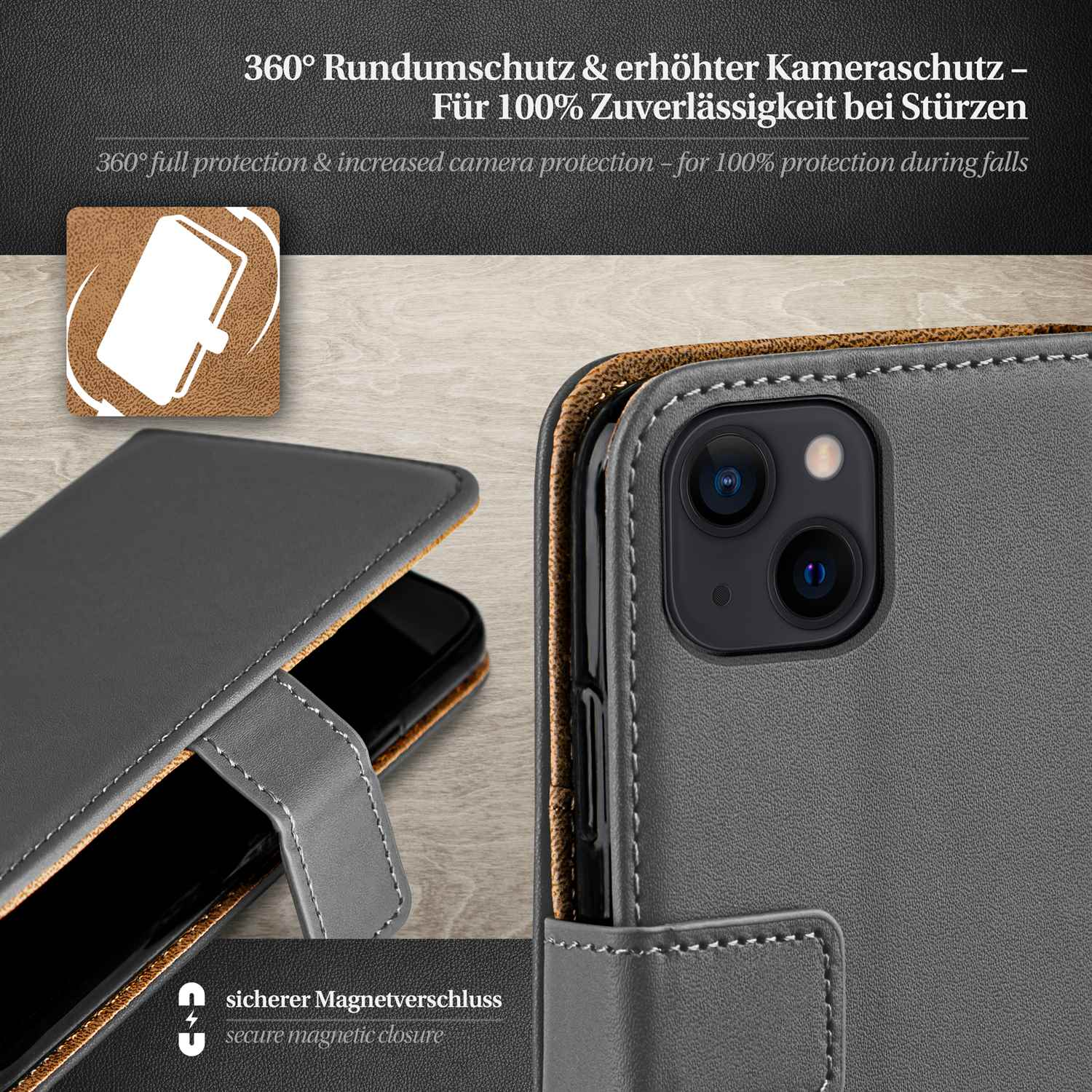 Graue Handyhülle mit schwarzem Telefon. Details: Kamera, Magnetverschluss, 360° Schutz. Text: Kameraschutz.