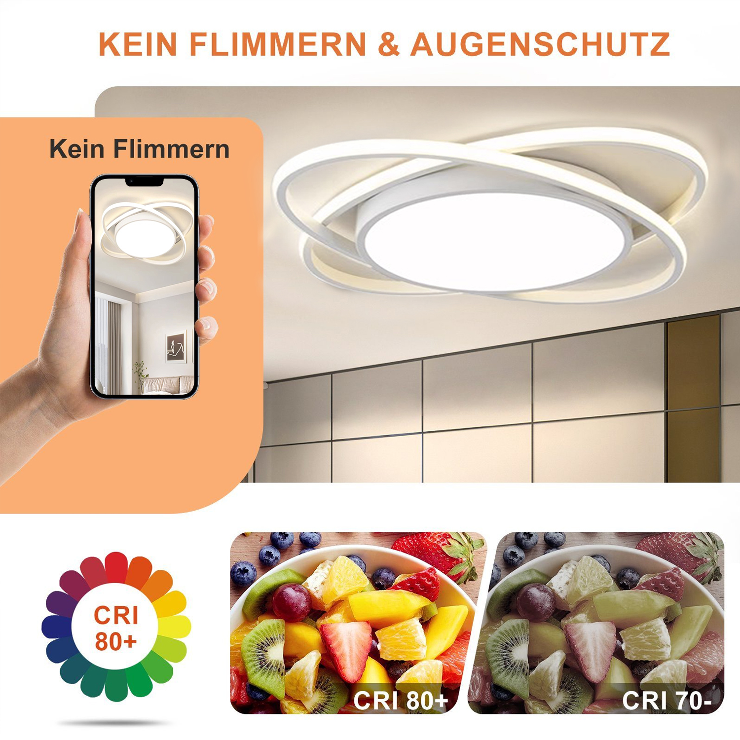 Deckenleuchte mit Telefon, das die gleiche Leuchte zeigt. Obstschalen mit CRI 80+ und CRI 70-.