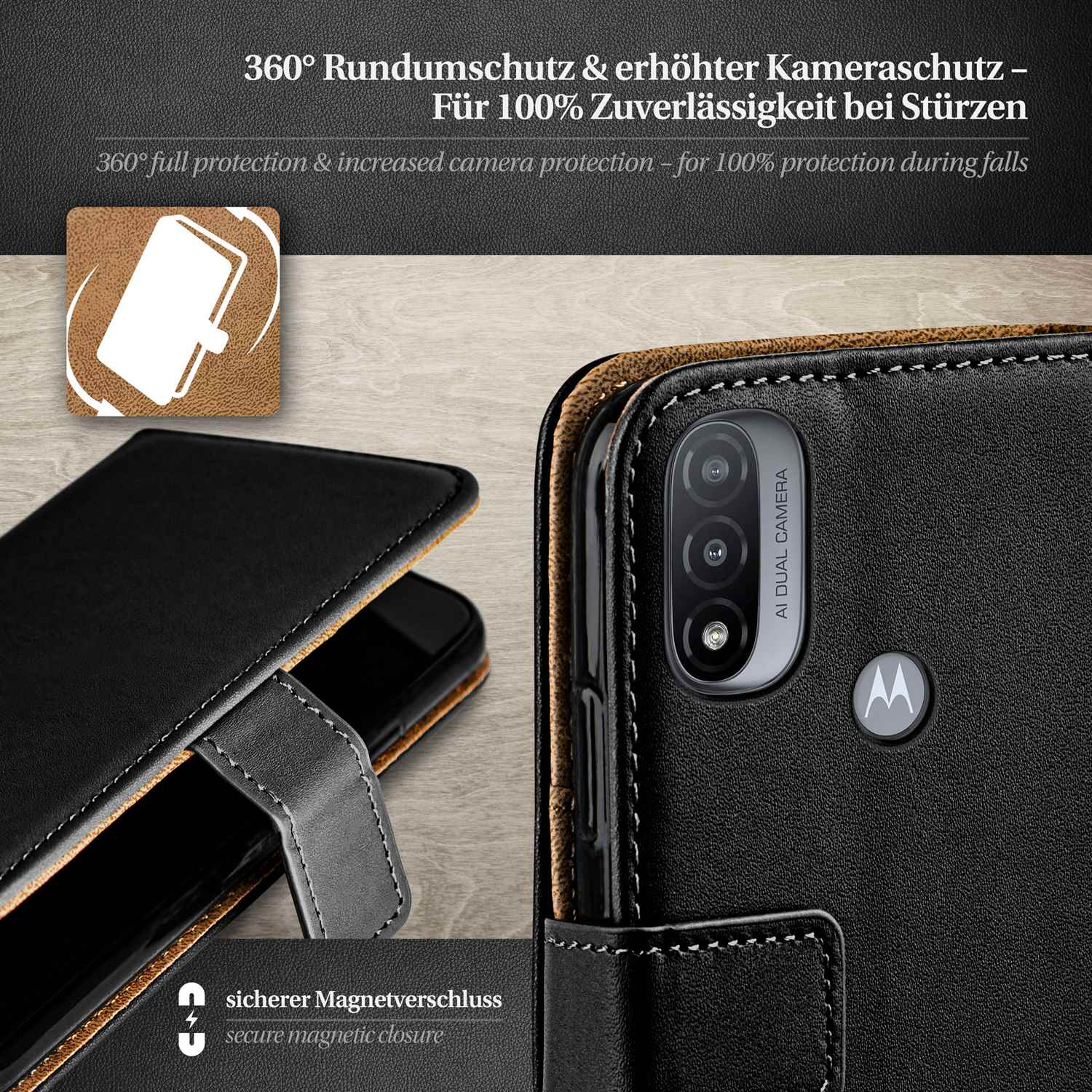 Schwarze Leder-Handyhülle mit Magnetverschluss, Kameraschutz und Telefon im Inneren.