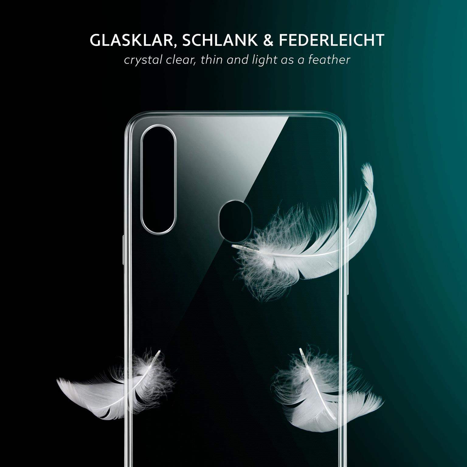 Klare Handyhülle mit weißen Federn. Text: Kristallklar, dünn und leicht.