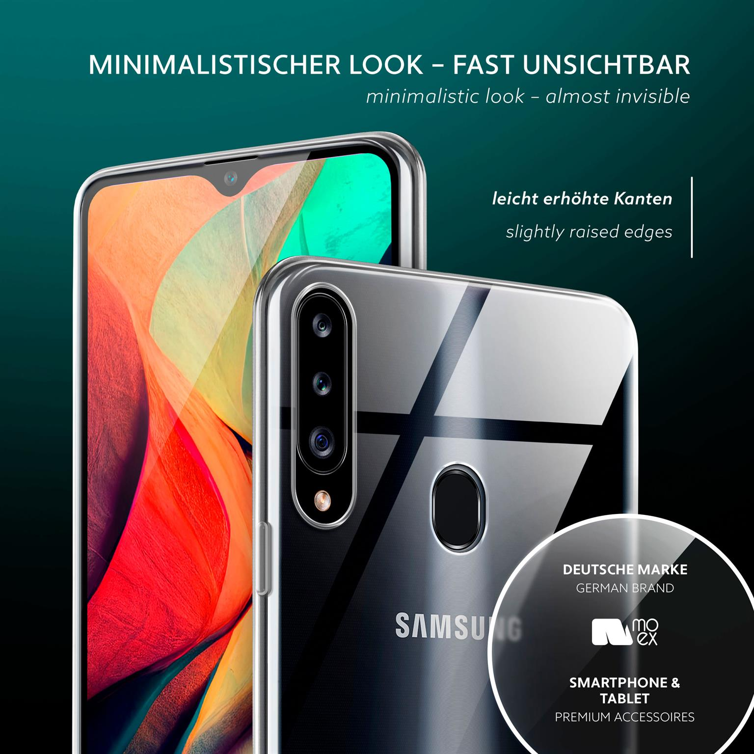 Zwei Telefone mit transparenten Hüllen. Minimalistischer Look, leicht erhöhte Kanten. Samsung.