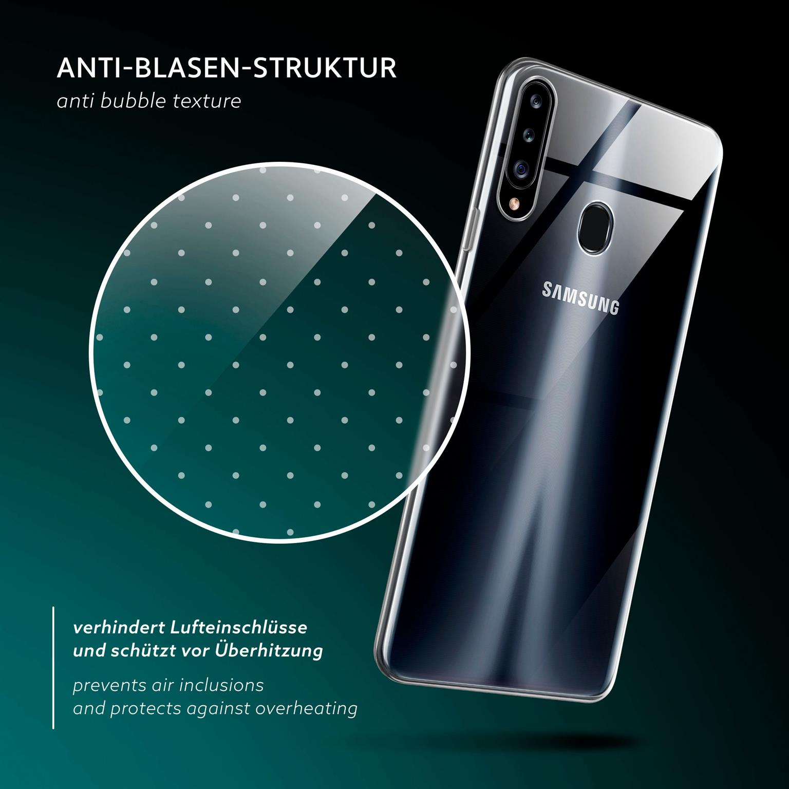 Nahaufnahme eines Telefons mit Schutzhülle. Die Hülle hat ein klares Design mit Punkten. Text: 'Anti-Blasen-Struktur'.