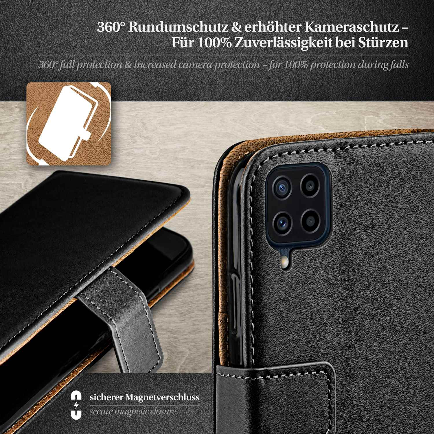 Geöffnete Handyhülle, Telefon zeigend. Schwarze Hülle, mit Kameraschutz und Magnetverschluss.