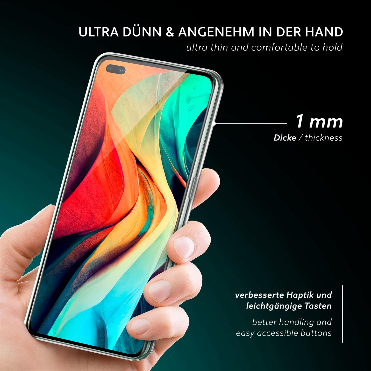 Hand hält transparente Handyhülle. Die Handyhülle ist dünn und transparent. Schwarzer Hintergrund.