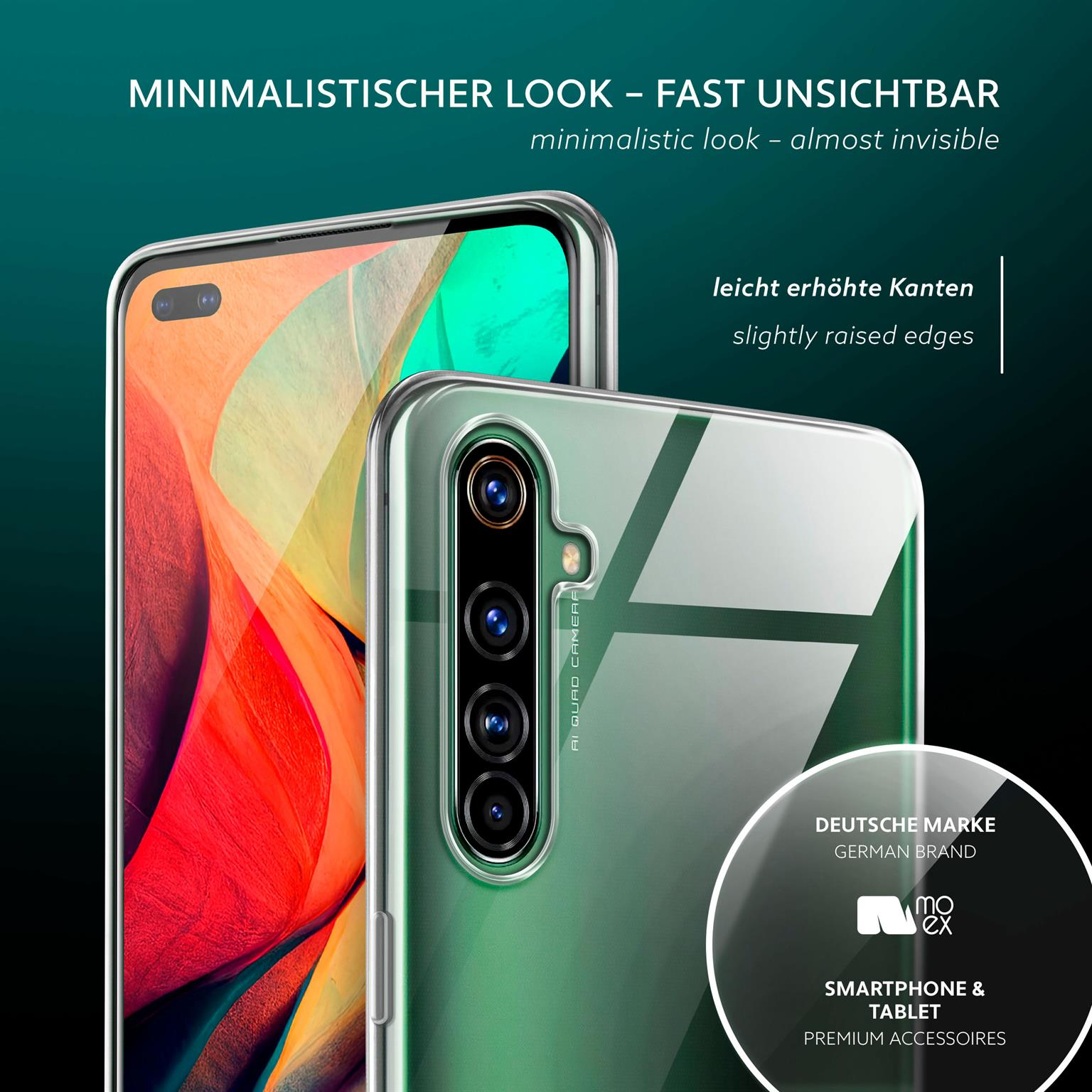 Telefon mit klarer Hülle. Nahaufnahme der Kameras, Text sagt minimalistischer Look und leicht erhöhte Kanten.