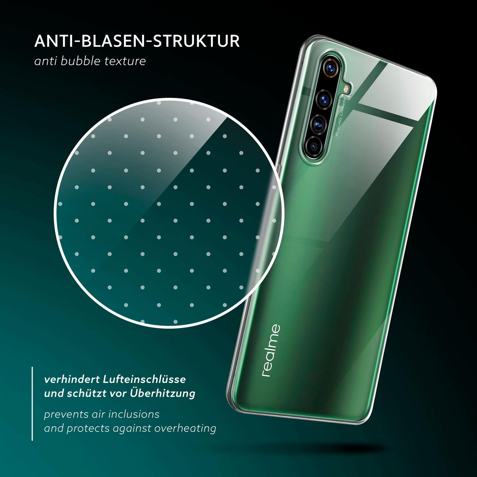 Grünes Telefon mit klarer Hülle. Blasenstruktur auf transparentem Kreis. Schwarzer Hintergrund.