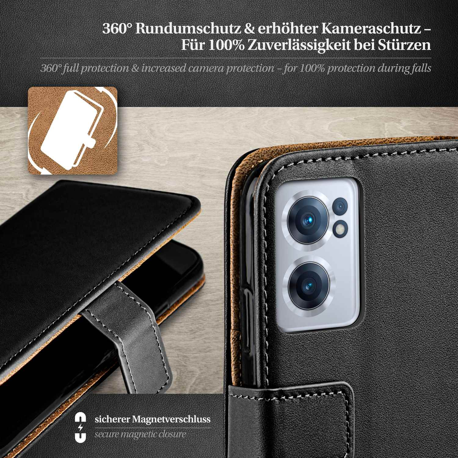 Eine schwarze Handyhülle mit Kameraabschnitt und Magnetverschluss. Das Telefon hat eine Kamera.