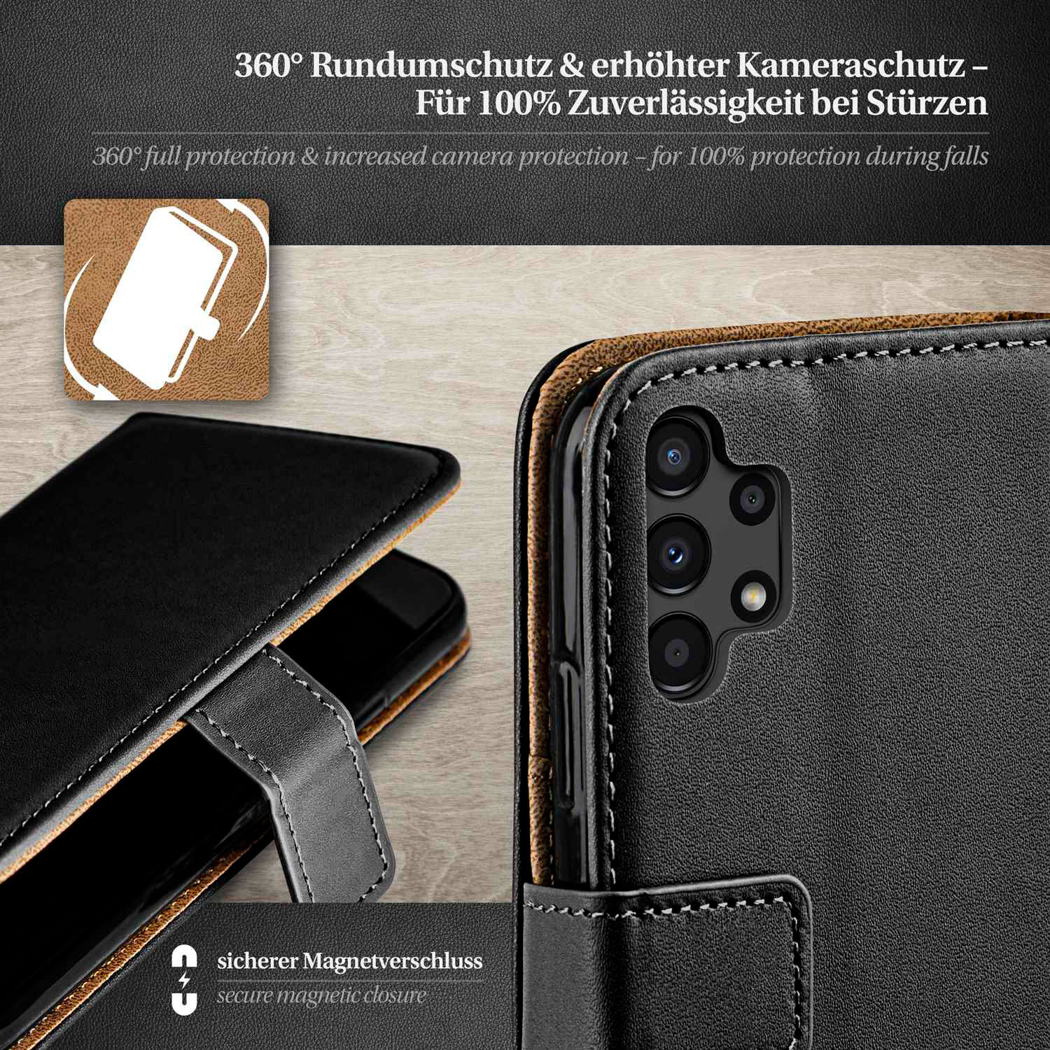 Schwarze Handyhülle mit Kamera. Text: 360° Schutz, sicherer Magnetverschluss. Hasselblad Kamera.