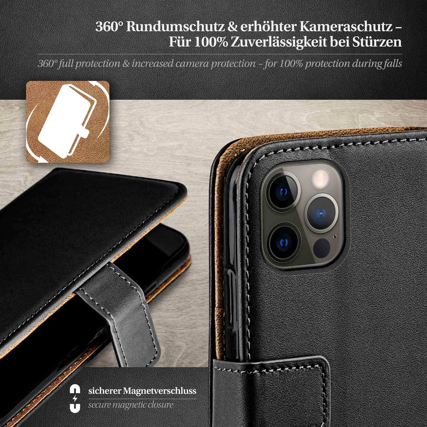 Schwarze Leder-Handyhülle mit Magnetverschluss, Kameraschutz und Telefon im Inneren.