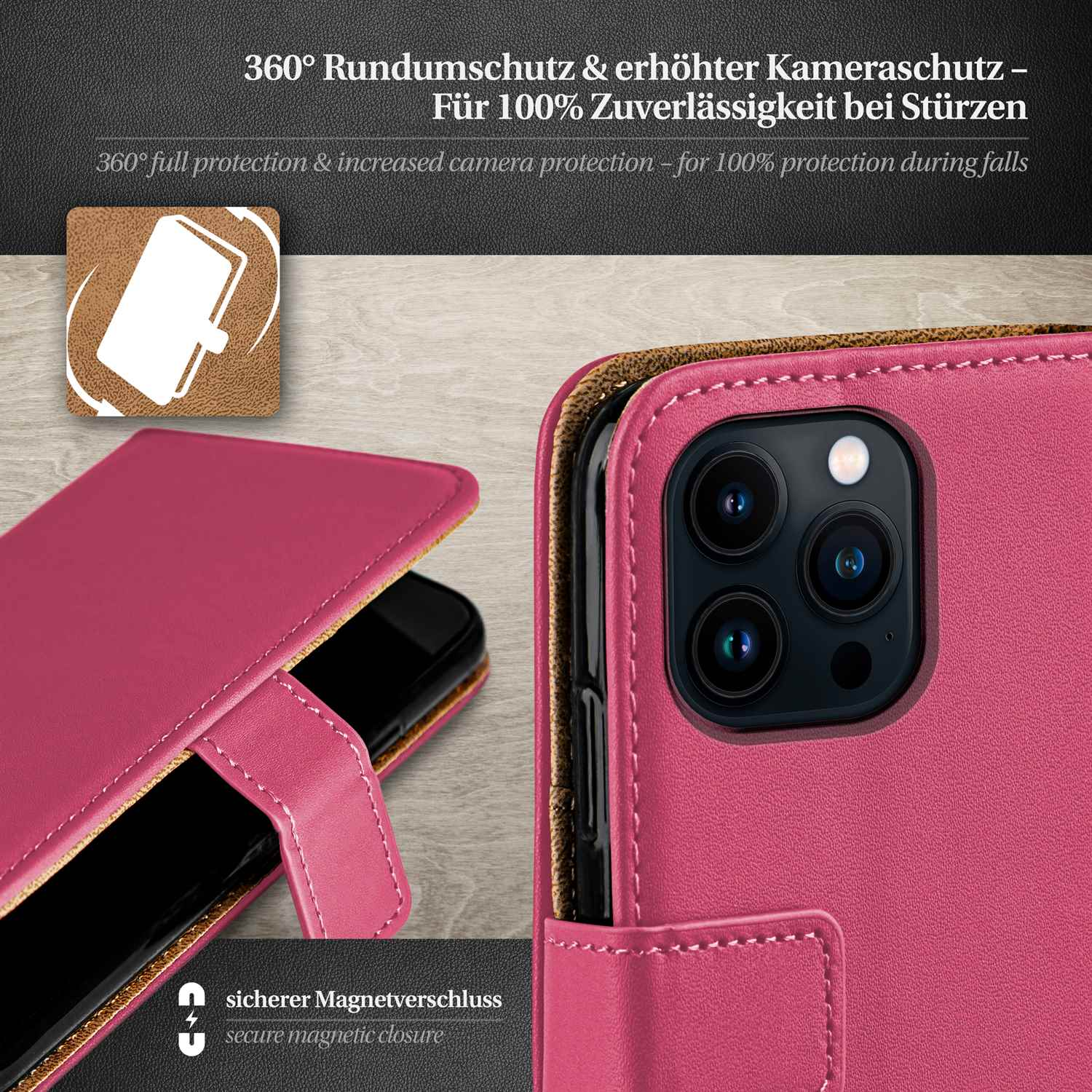 Rosa Handyhülle, mit Telefon darin und Kamera sichtbar.