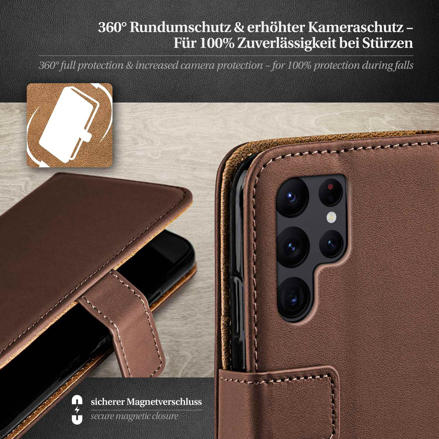 Braune Handyhülle mit Telefon. Die Hülle hat einen Magnetverschluss.