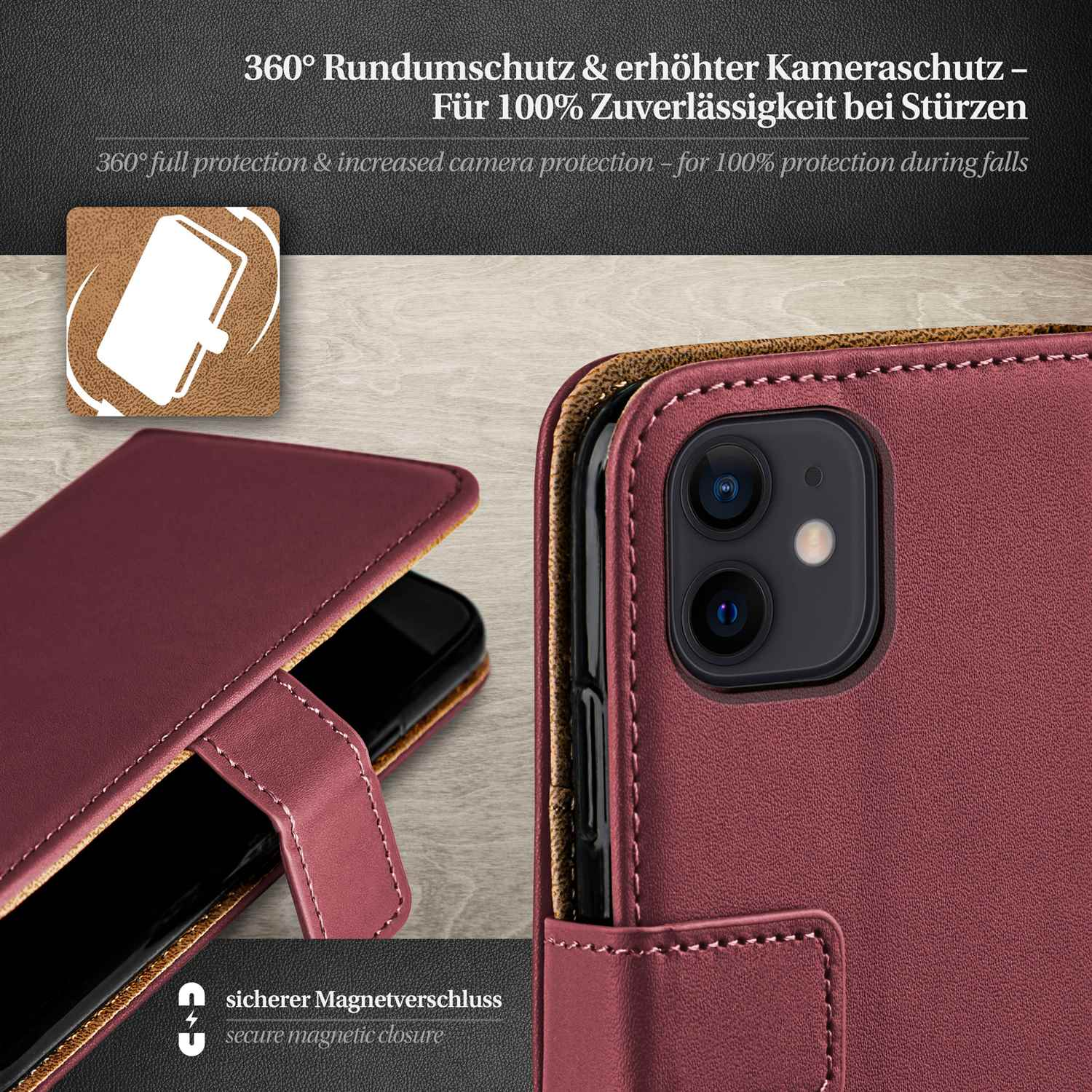 Burgunderfarbene Handyhülle mit Telefon darin. Die Handyhülle ist geschlossen. Text unten.