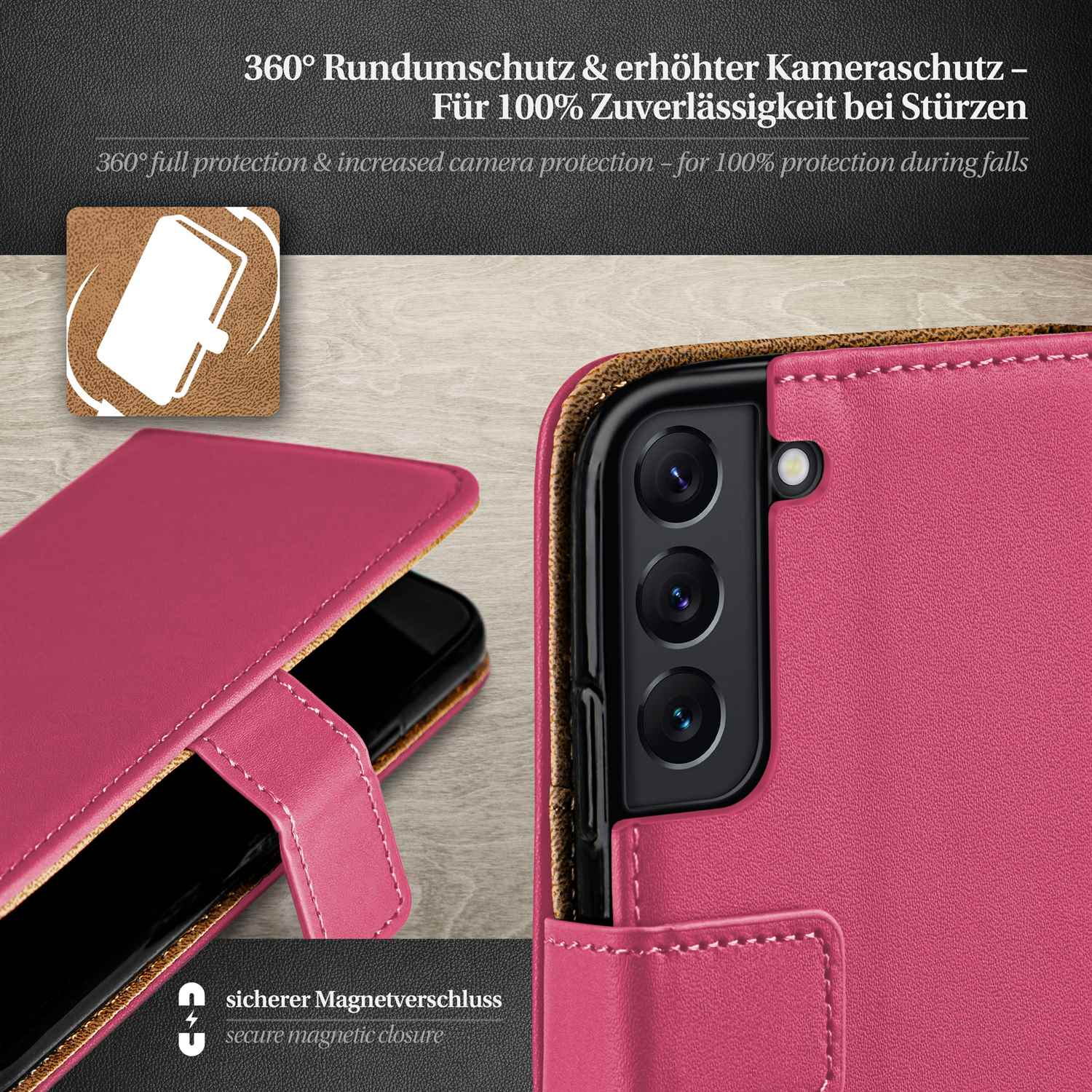 Pinke Handyhülle geöffnet, Telefon zeigend. Schwarzes Telefon und Text unten.