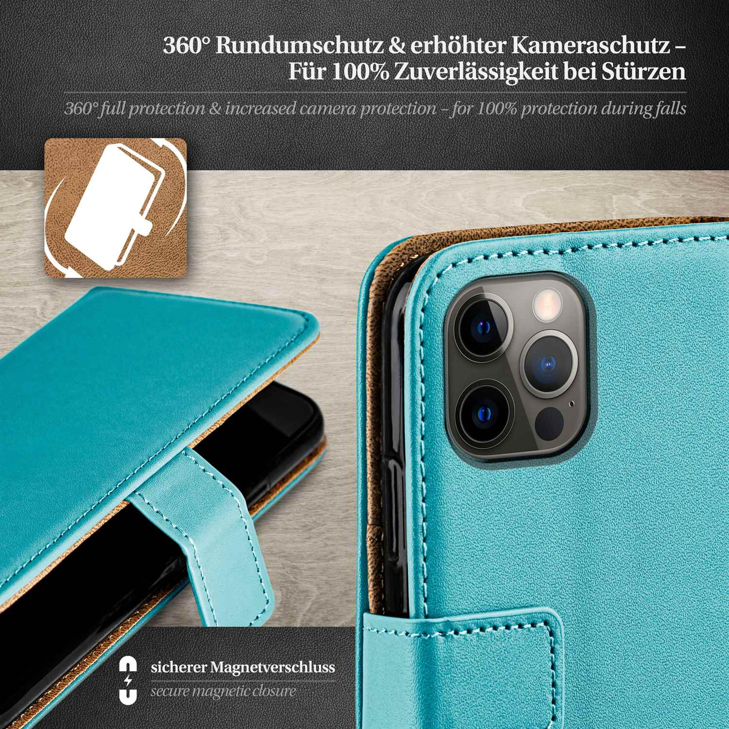 Türkise Handyhülle, offen. Text: 360° Rundumschutz & erhöhter Kameraschutz.