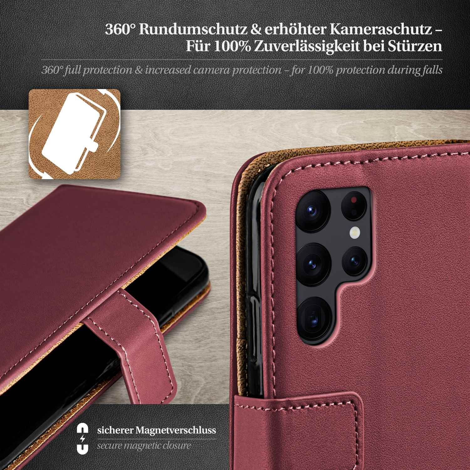 Rote Handyhülle, offen, um das Telefon zu zeigen. Text: 360° Rundumschutz, Magnetverschluss.