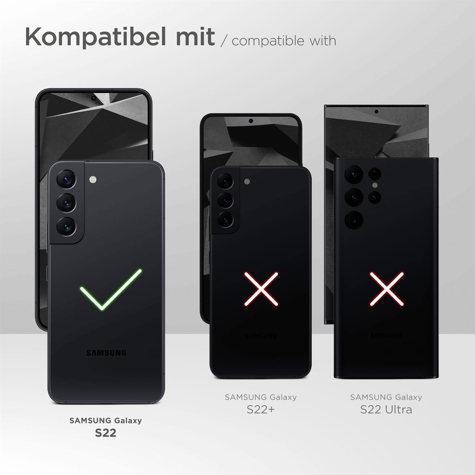 Drei schwarze Smartphones mit Häkchen und Kreuzen. Weißer Hintergrund. Kompatibel mit Samsung Galaxy S22.