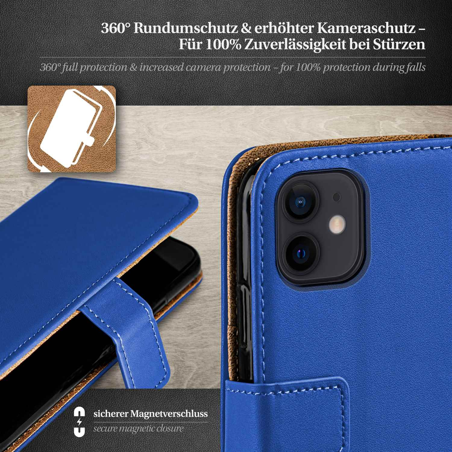 Blaue Handyhülle auf einem Telefon. Details zeigen Nähte, Magnetverschluss und Kameraschutz.