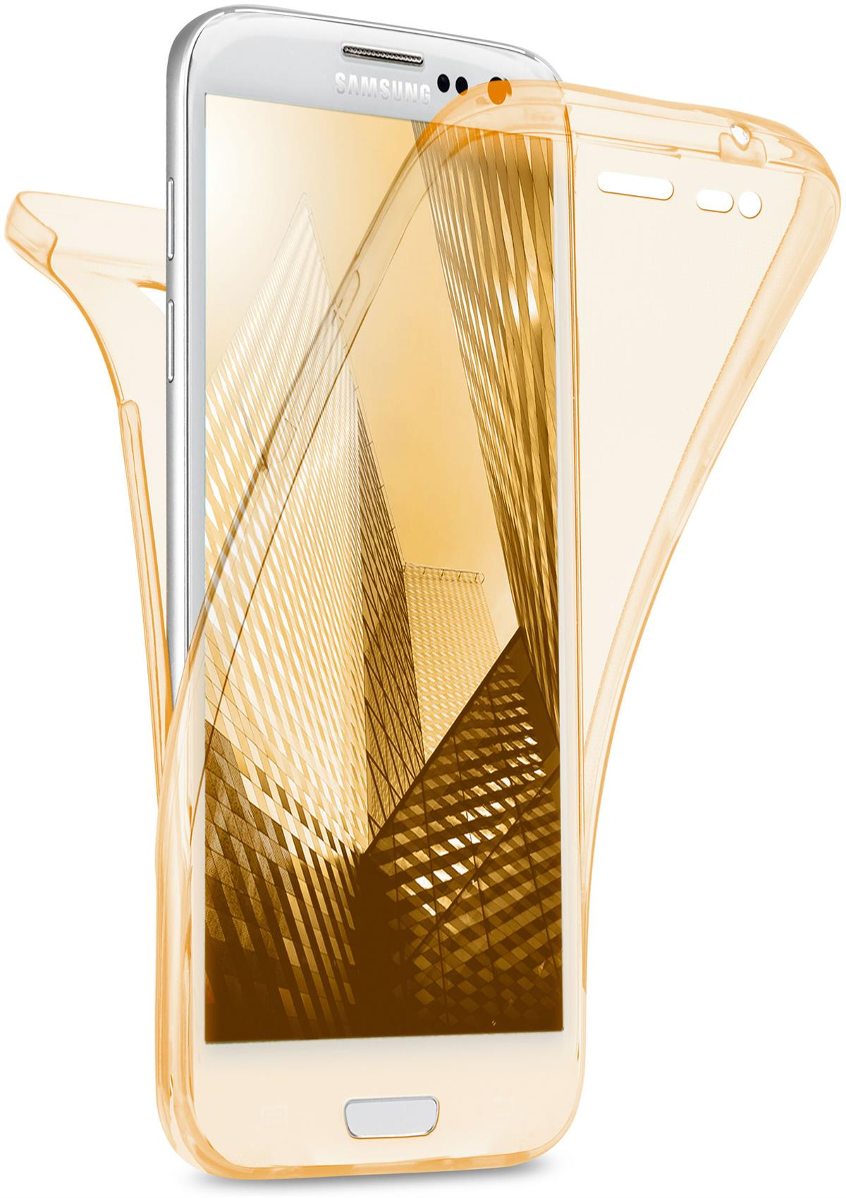 Samsung-Telefon mit orangefarbener, durchsichtiger Hülle. Das Telefon zeigt eine Stadtansicht.