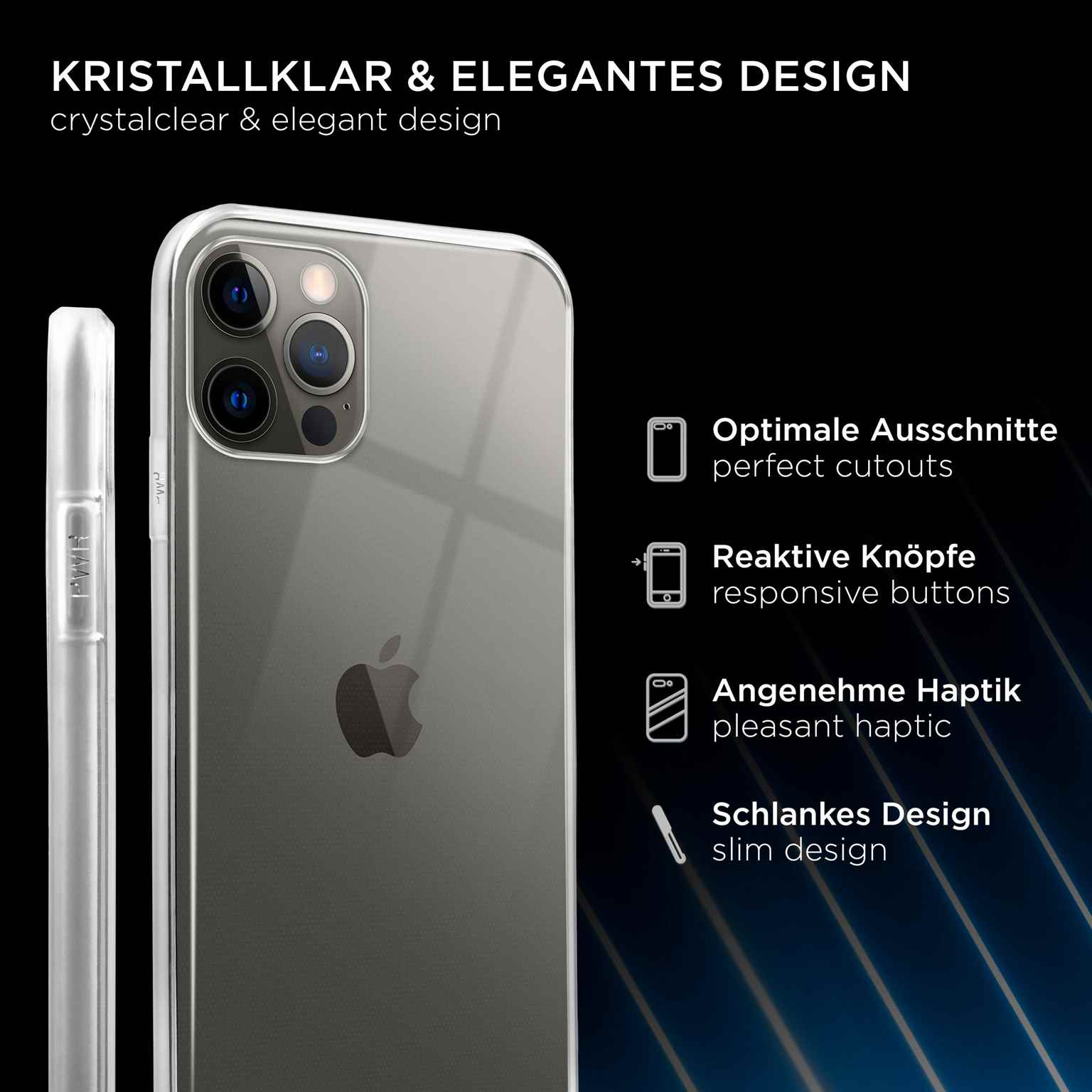 Transparente Handyhülle auf schwarzem Hintergrund. Telefon ist in der Mitte. Tasten sind beschriftet.