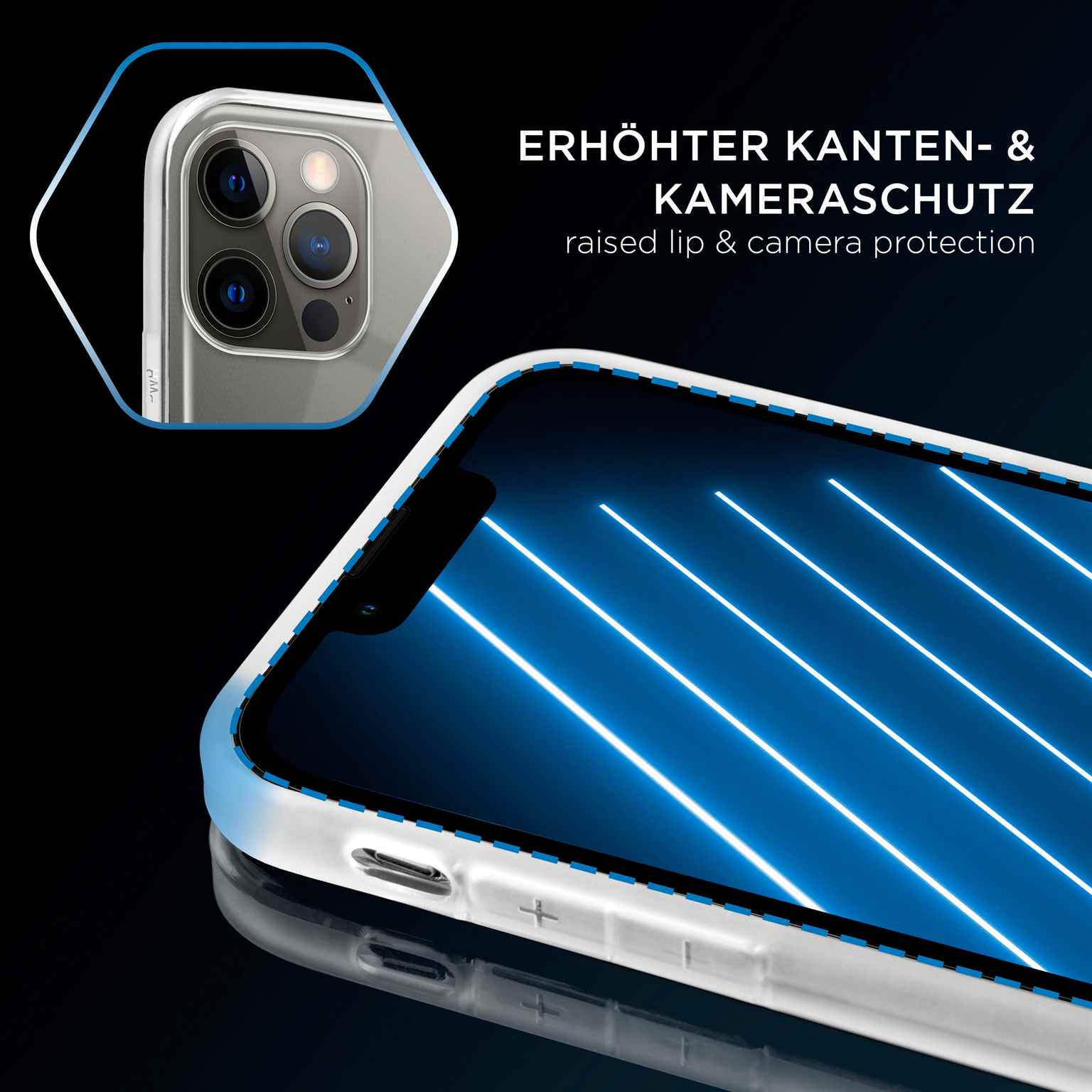 Handy-Bildschirm mit blauen Linien. Klare Hülle mit erhöhtem Rand, schützt Handy.