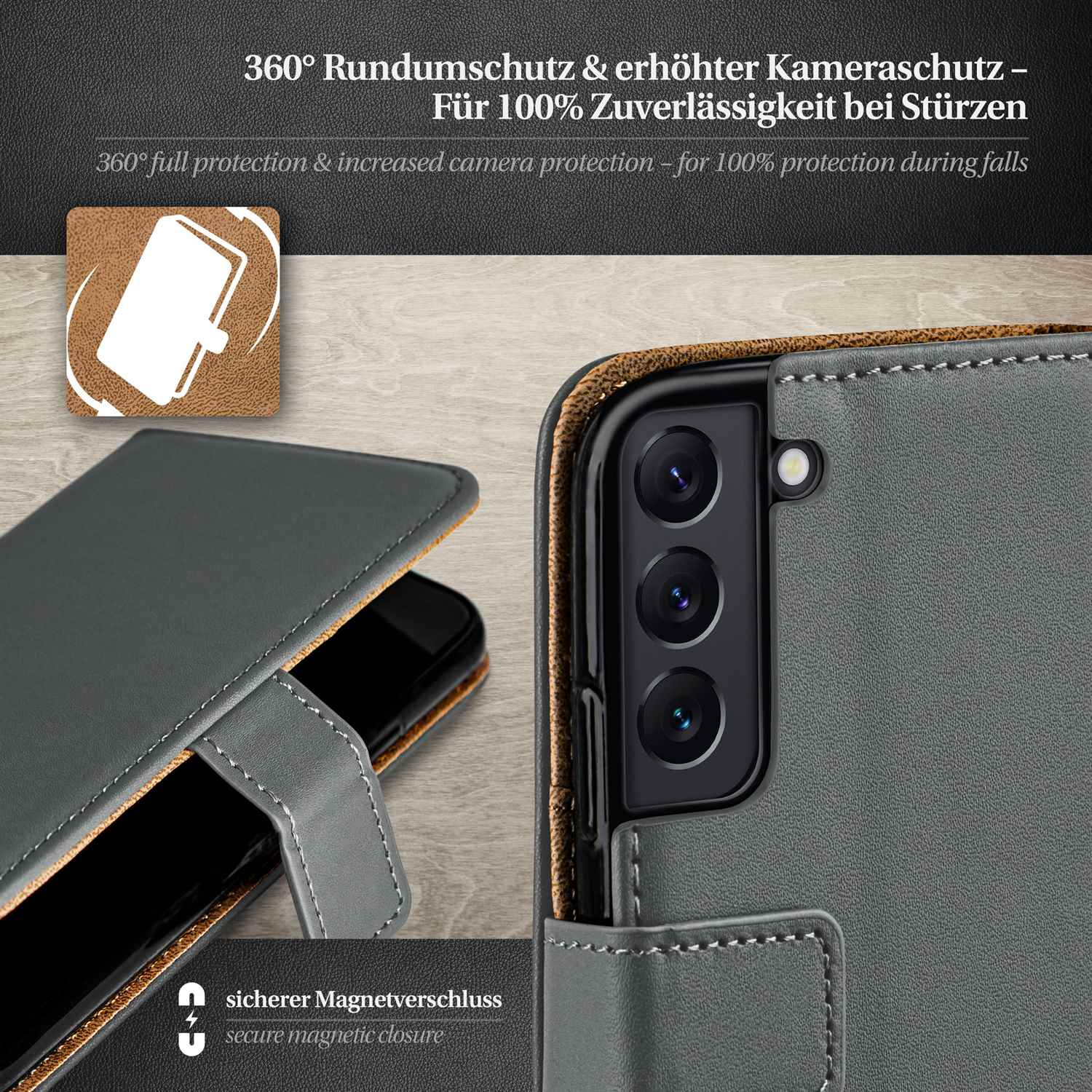 Handyhülle mit grauem Telefon. Zeigt Magnetverschluss und 360-Grad-Schutz für die Kamera.