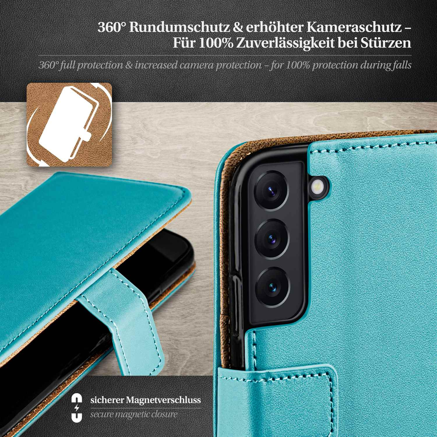 Türkisfarbene Handyhülle mit Telefon. Braunes Leder und sicherer Magnetverschluss sichtbar.