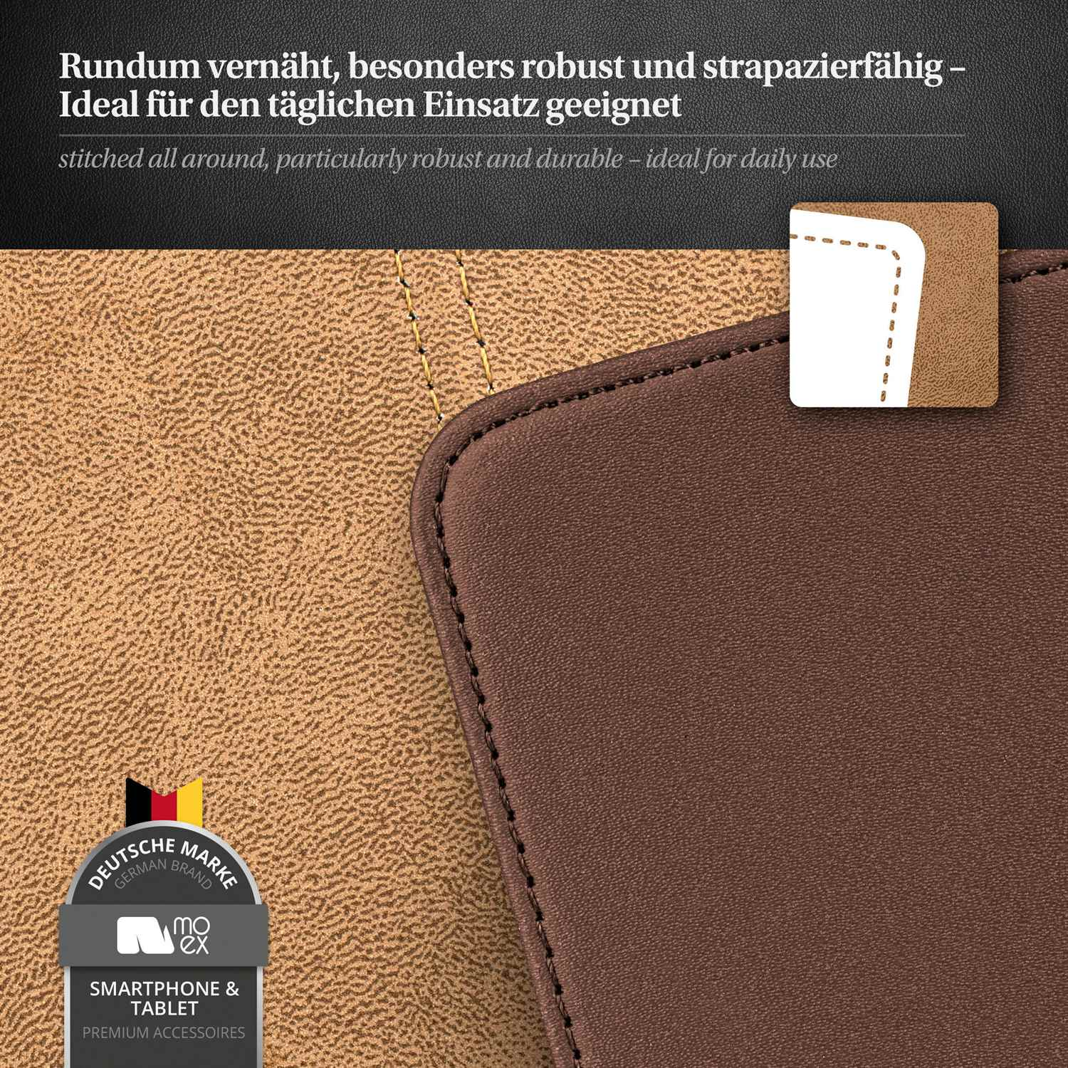 Nahaufnahme der grauen Lederhülle mit Nähten. Deutsches Markenlogo und Text sichtbar.