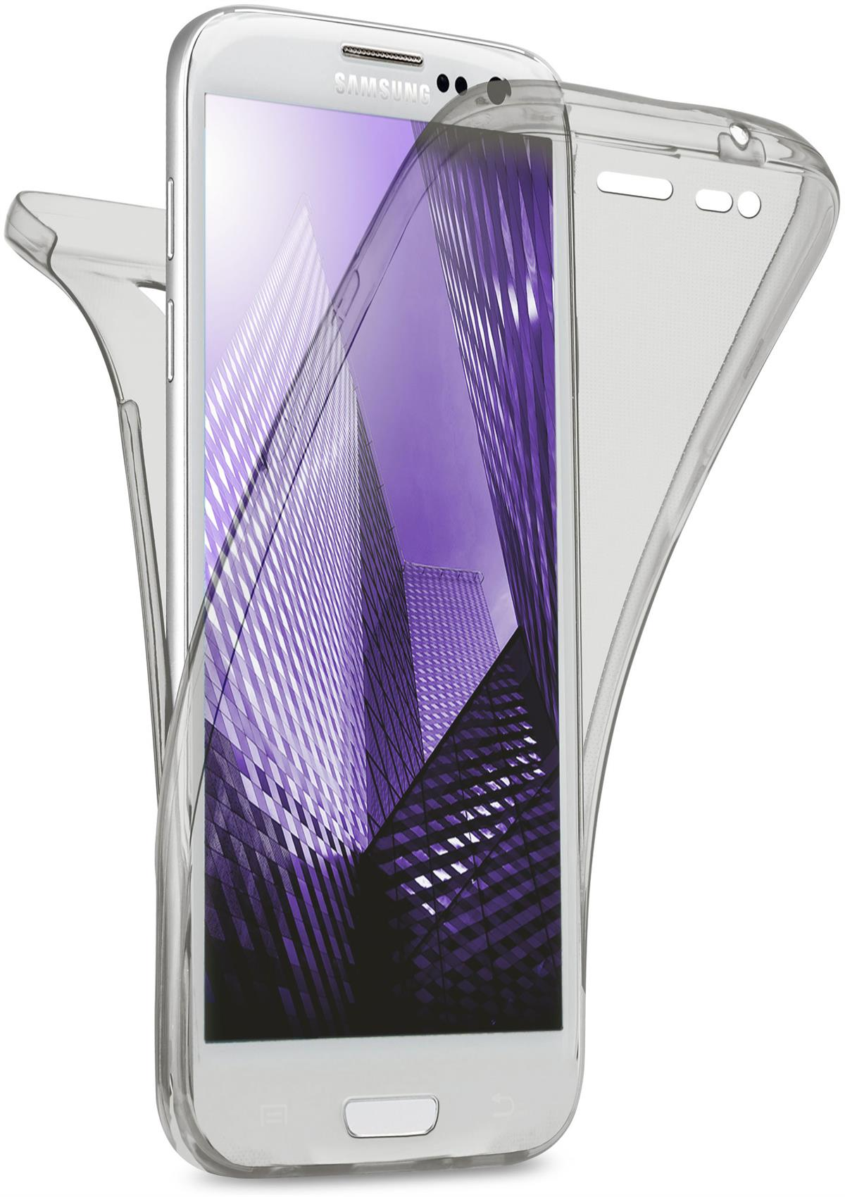 Weißes Telefon mit geöffneter transparenter Hülle. Wolkenkratzer auf dem Bildschirm.