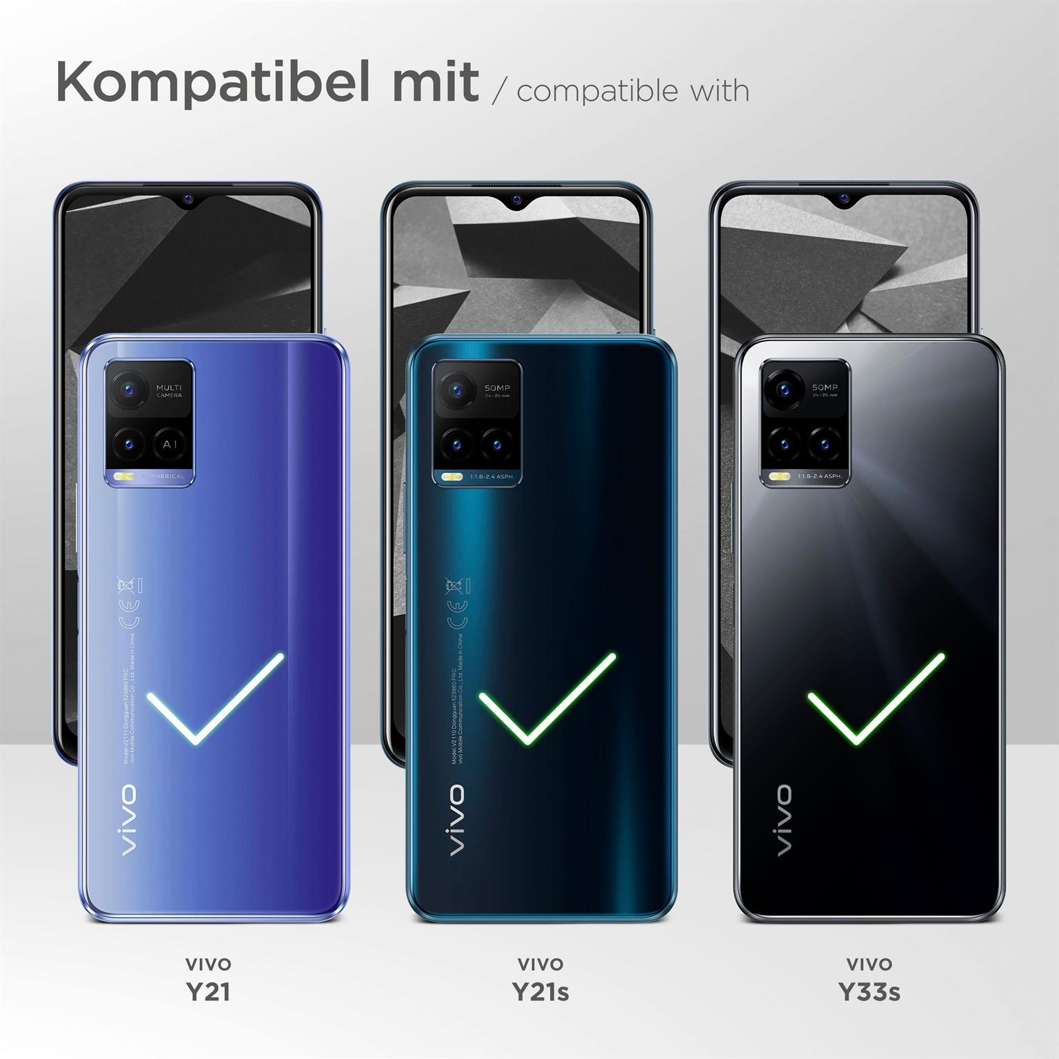 Drei Telefone in Hüllen, blau, türkis und schwarz, mit Häkchen. Text: Kompatibel mit Vivo Y21, Y21s, Y33s.