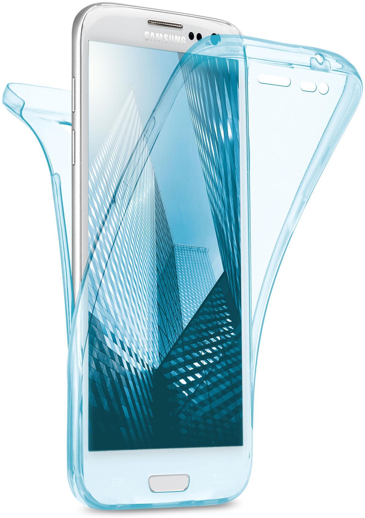 Weißes Telefon mit blau-transparenter Hülle. Das Telefon zeigt ein blaues Bild an.