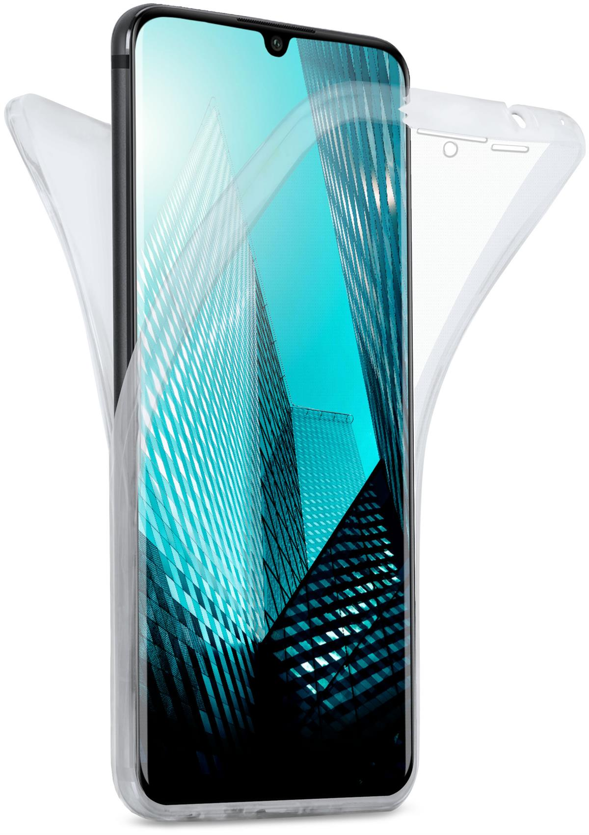 Ein Telefon mit transparentem Gehäuse. Wolkenkratzer sind durch den Bildschirm sichtbar.