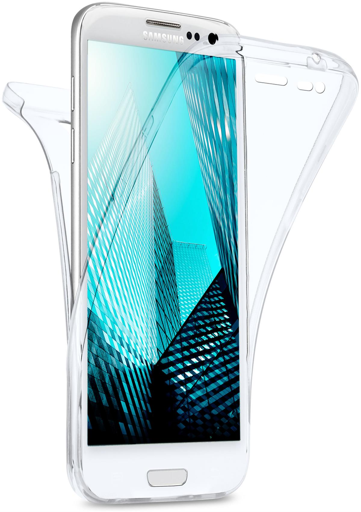 Telefon in transparenter Hülle, Wolkenkratzer auf dem Bildschirm. Blauton. Weißer Hintergrund.