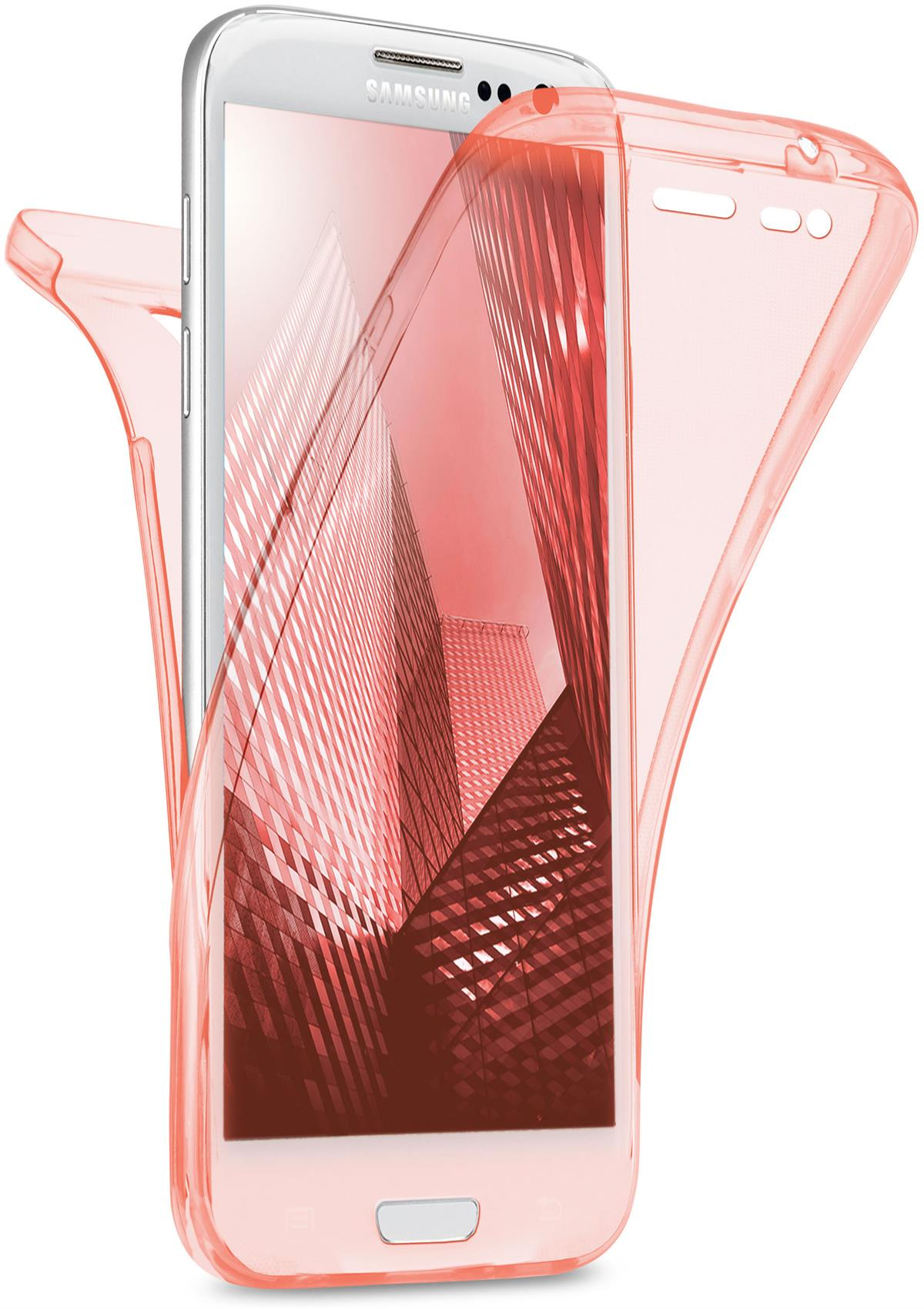 Rosa transparente Handyhülle über einem Telefon mit einer Stadtszene auf dem Bildschirm.
