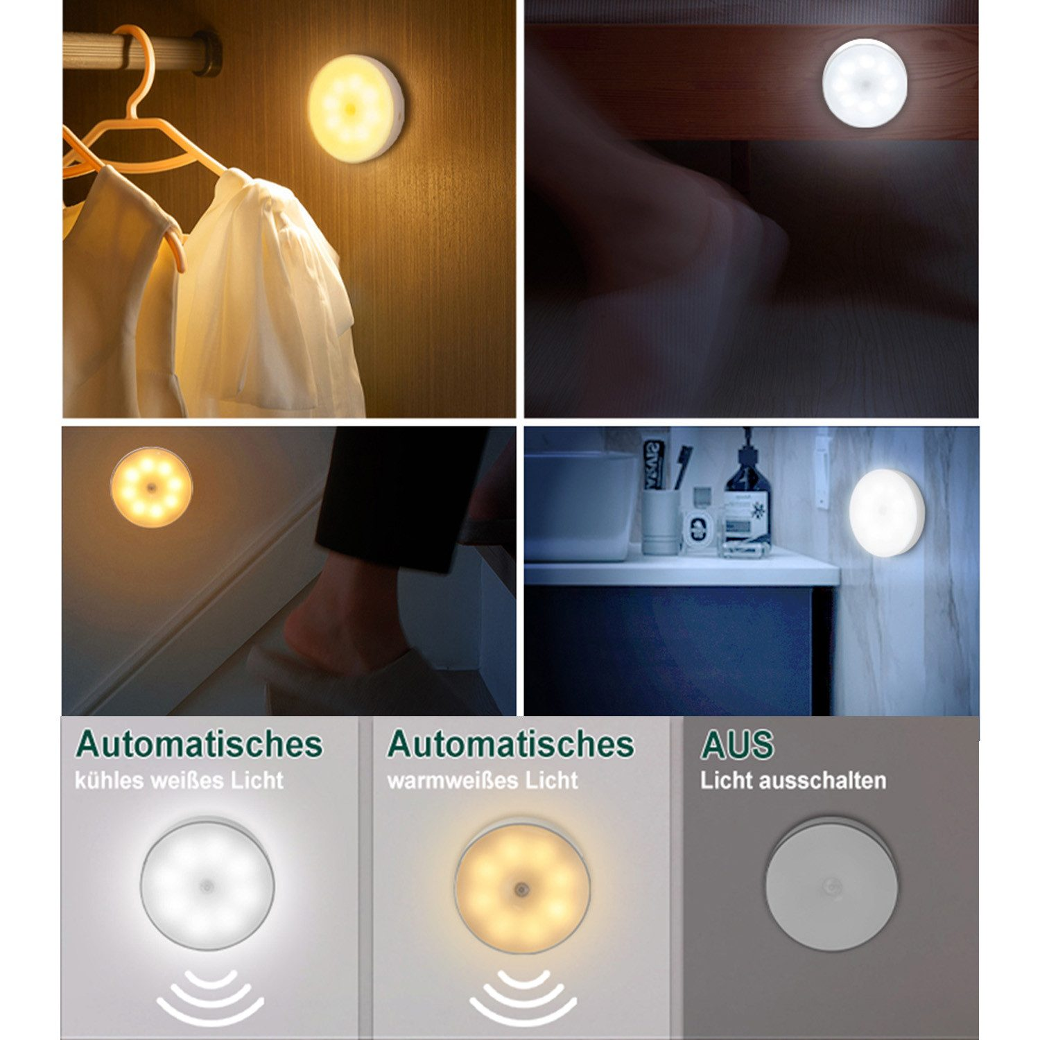 Vier Bilder von Lichtern. Eines in einem Schrank, eines unter einem Bett, eines an einer Wand, und ein Licht aus.