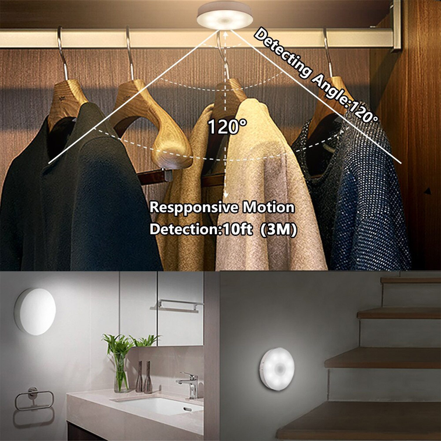 Bewegungssensorlicht in einem Schrank. Licht oben, Kleidung darunter, mit Etiketten.